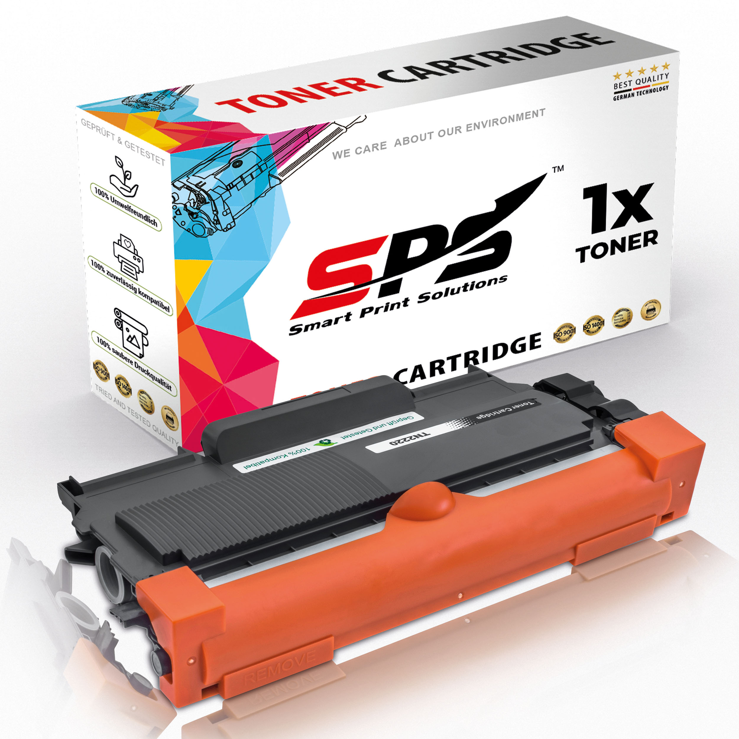 Schwarze Tonerkartusche mit orangefarbenem Griff vor einer Box mit SDS-Logo und 'Toner Cartridge'.