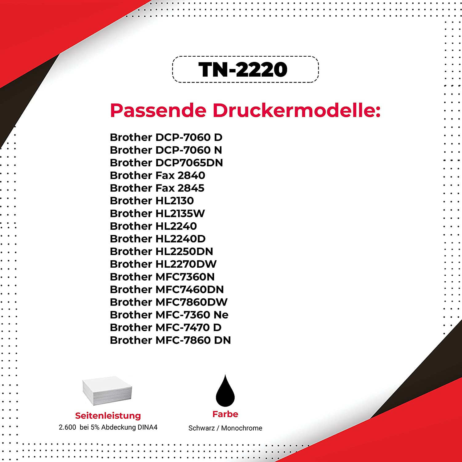 Eine Liste der Brother-Druckermodelle und Informationen zur Druckleistung. Das Dokument ist rot und schwarz.