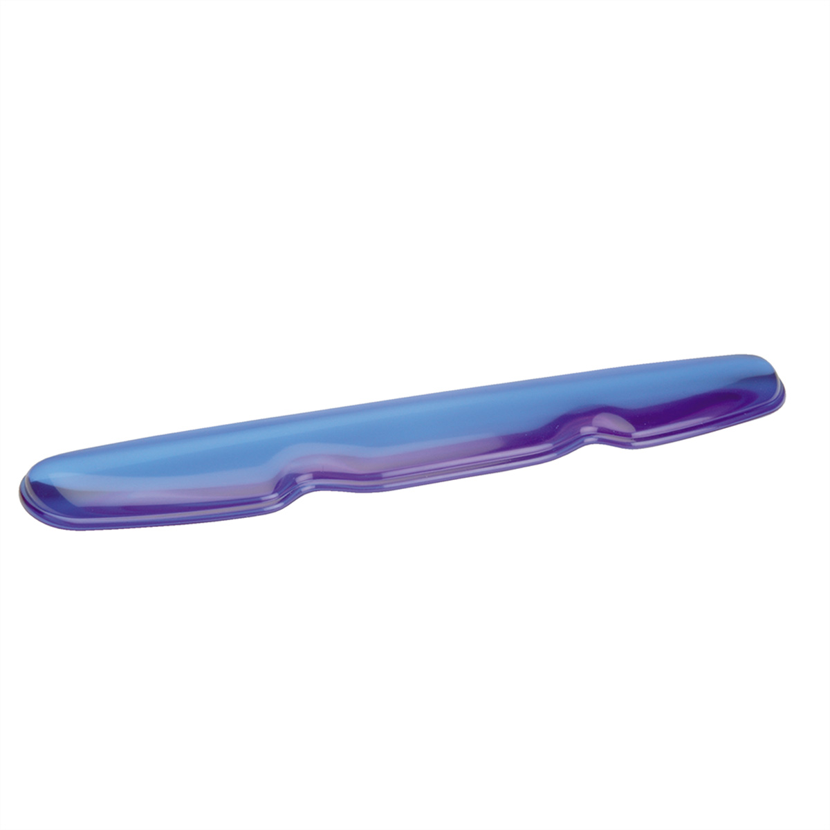 Blue ergonomic wrist rest, with a curved design, white background.