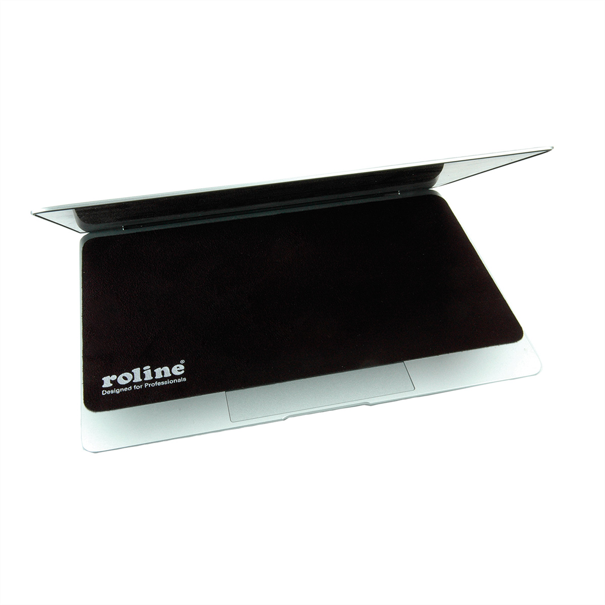 Ordinateur portable avec une couverture marron et une base blanche, texte 'roline'.