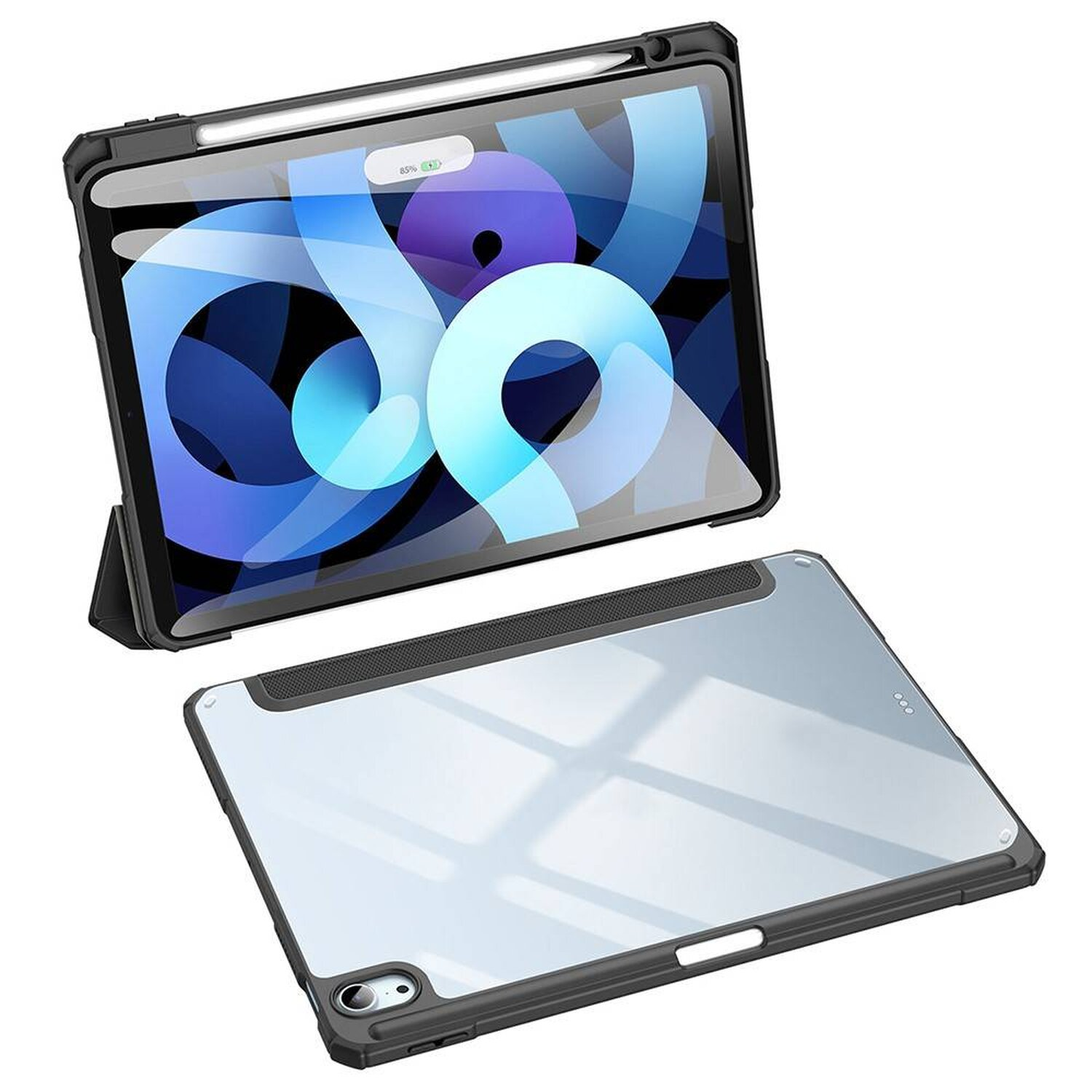 Tablet in schwarzer Hülle mit Stift. Die Rückseite der Hülle ist transparent.