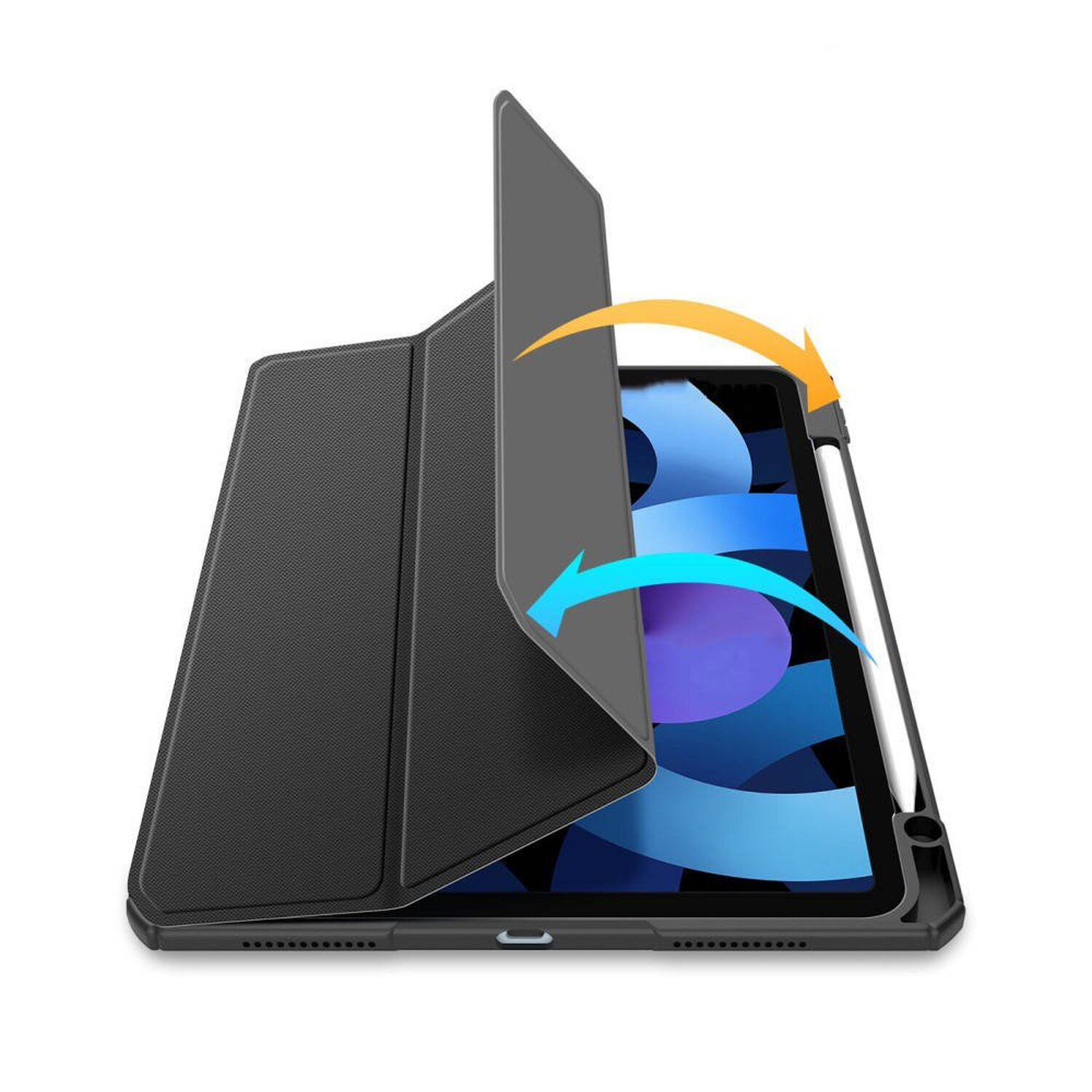 Schwarze Tablethülle mit einem Tablet darin, Pfeile zeigen, wie die Hülle aufgeklappt wird, um den Bildschirm freizugeben.