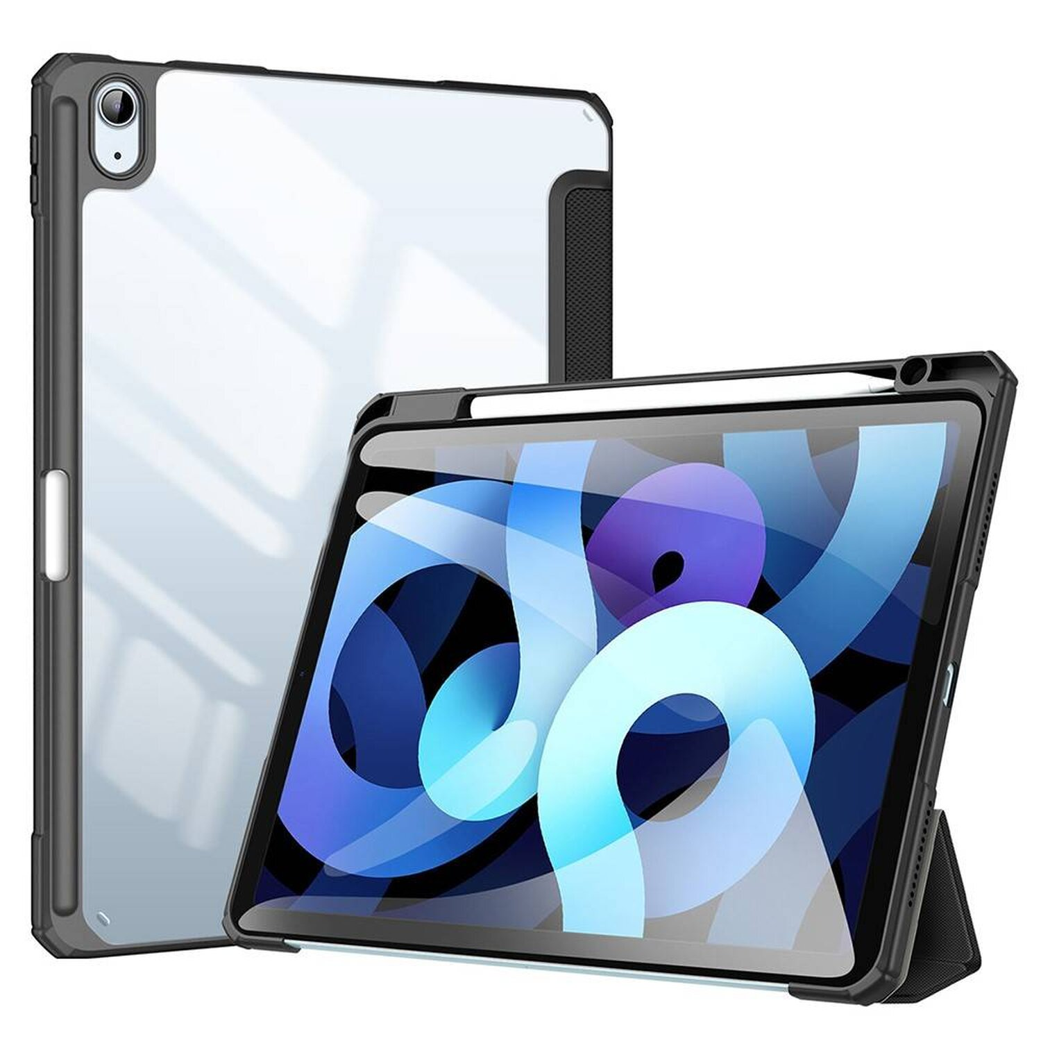 Ein iPad in einer schwarzen Hülle, mit transparentem Rücken. Eine weitere Hülle befindet sich dahinter.