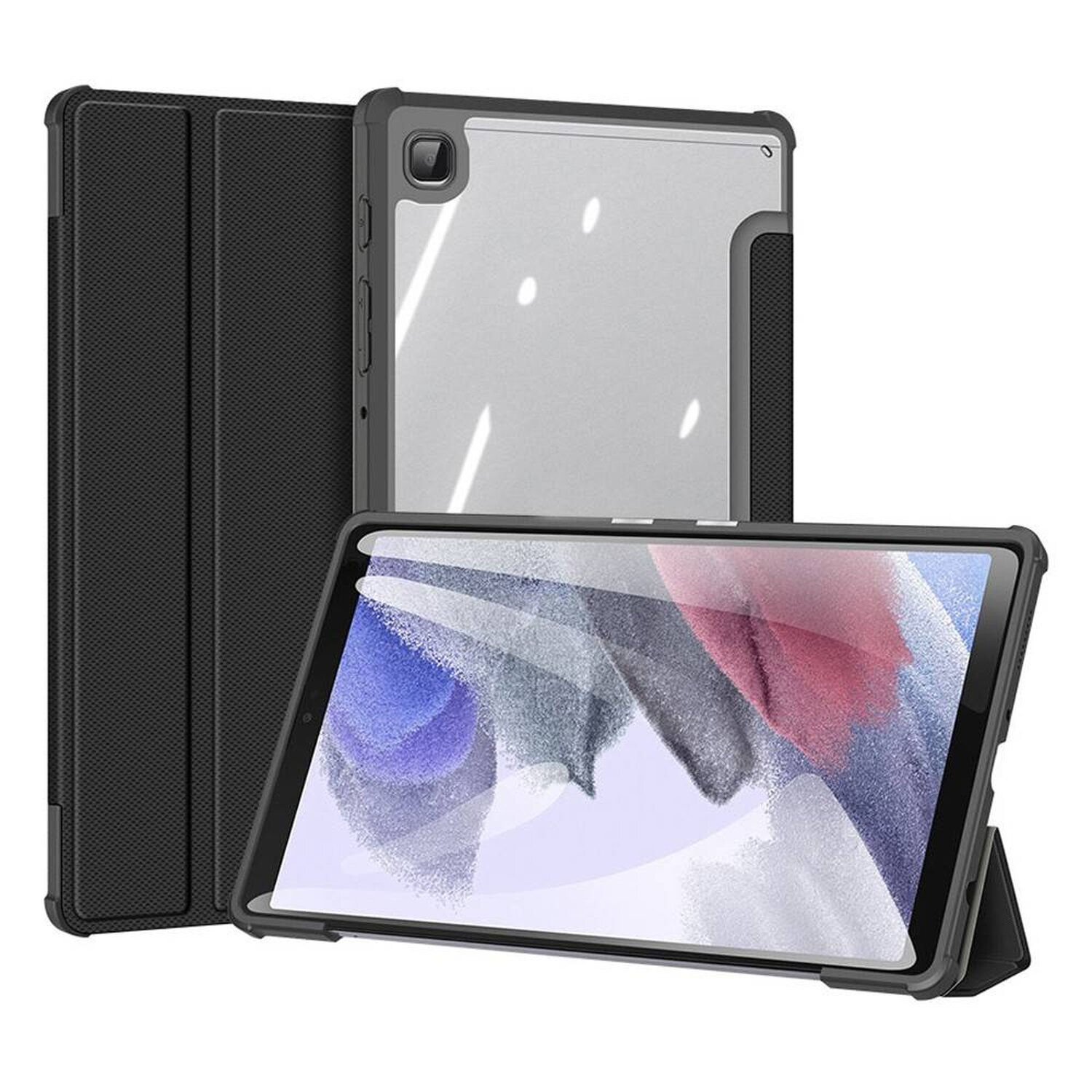 Schwarze Tablethülle mit Tablet darin, auf weißem Hintergrund.