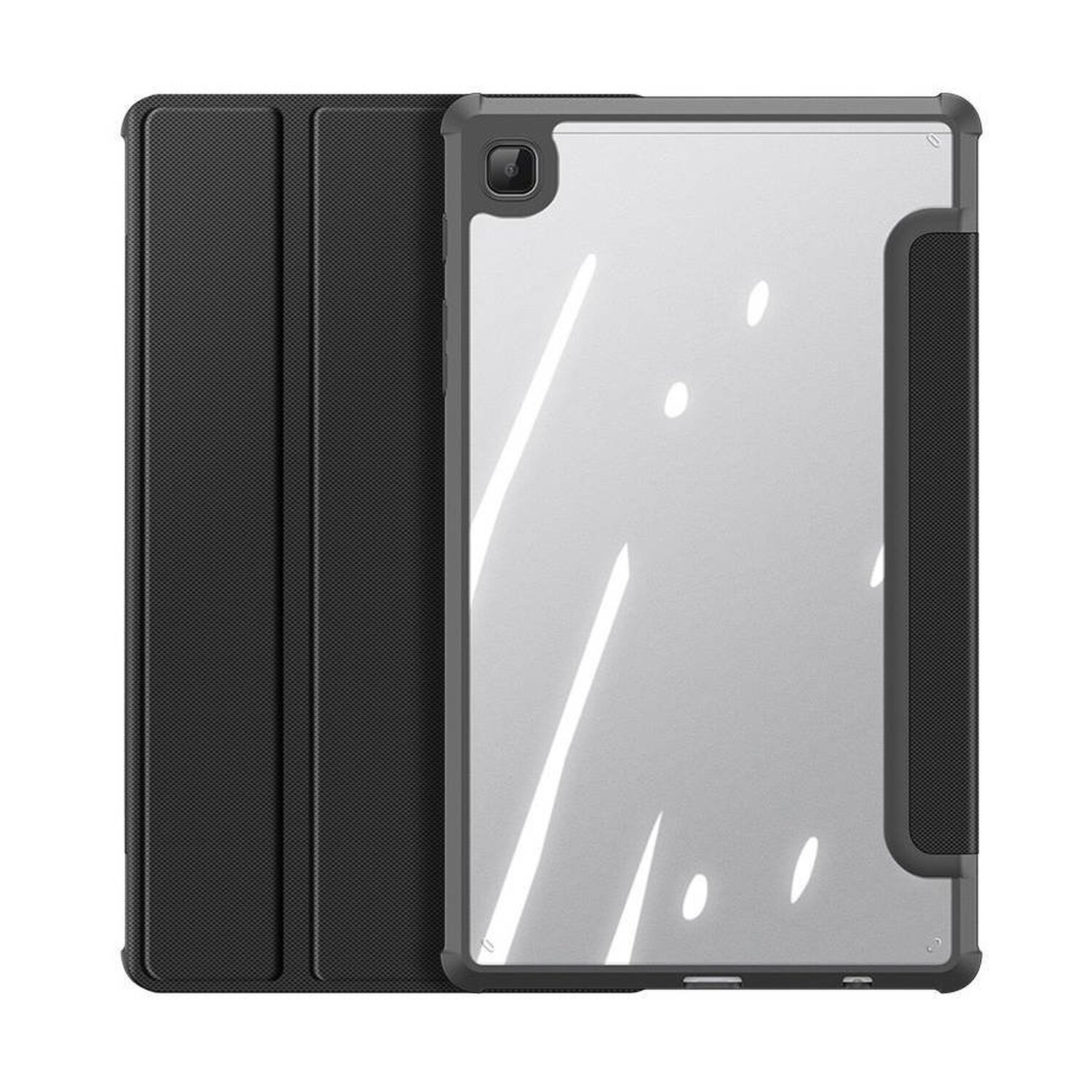 Tablet in einer schwarzen Hülle. Die Hülle ist geschlossen. Weißer Hintergrund.