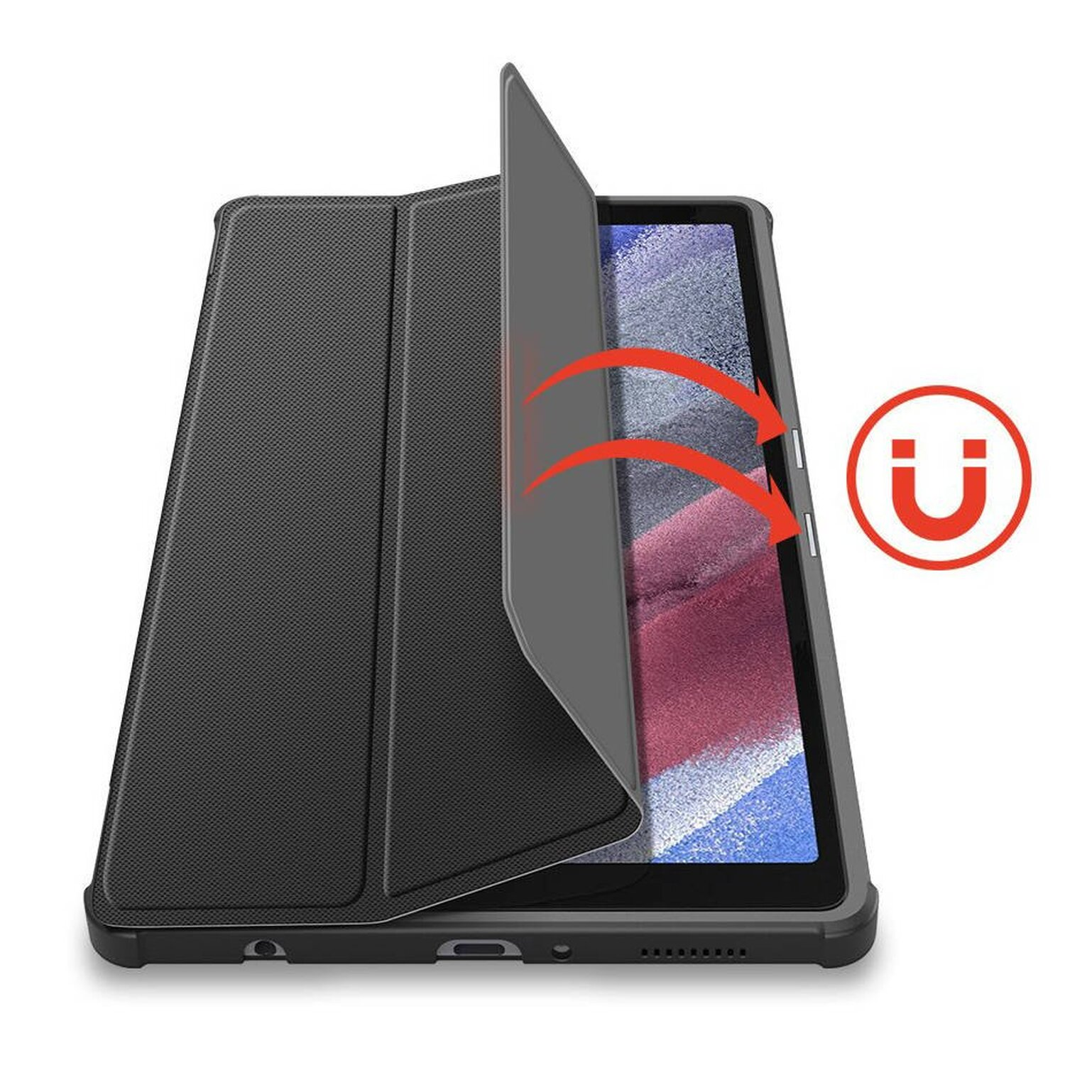 Schwarzes Tablet mit dunkler grauer Hülle. Die Hülle öffnet sich, zeigt rote Pfeile.