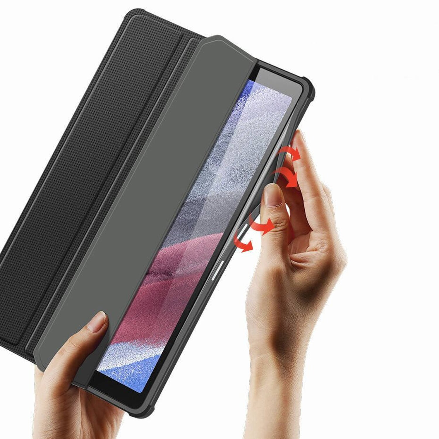 Hände halten ein Tablet in einer schwarzen Hülle, zeigen einen offenen Deckel.