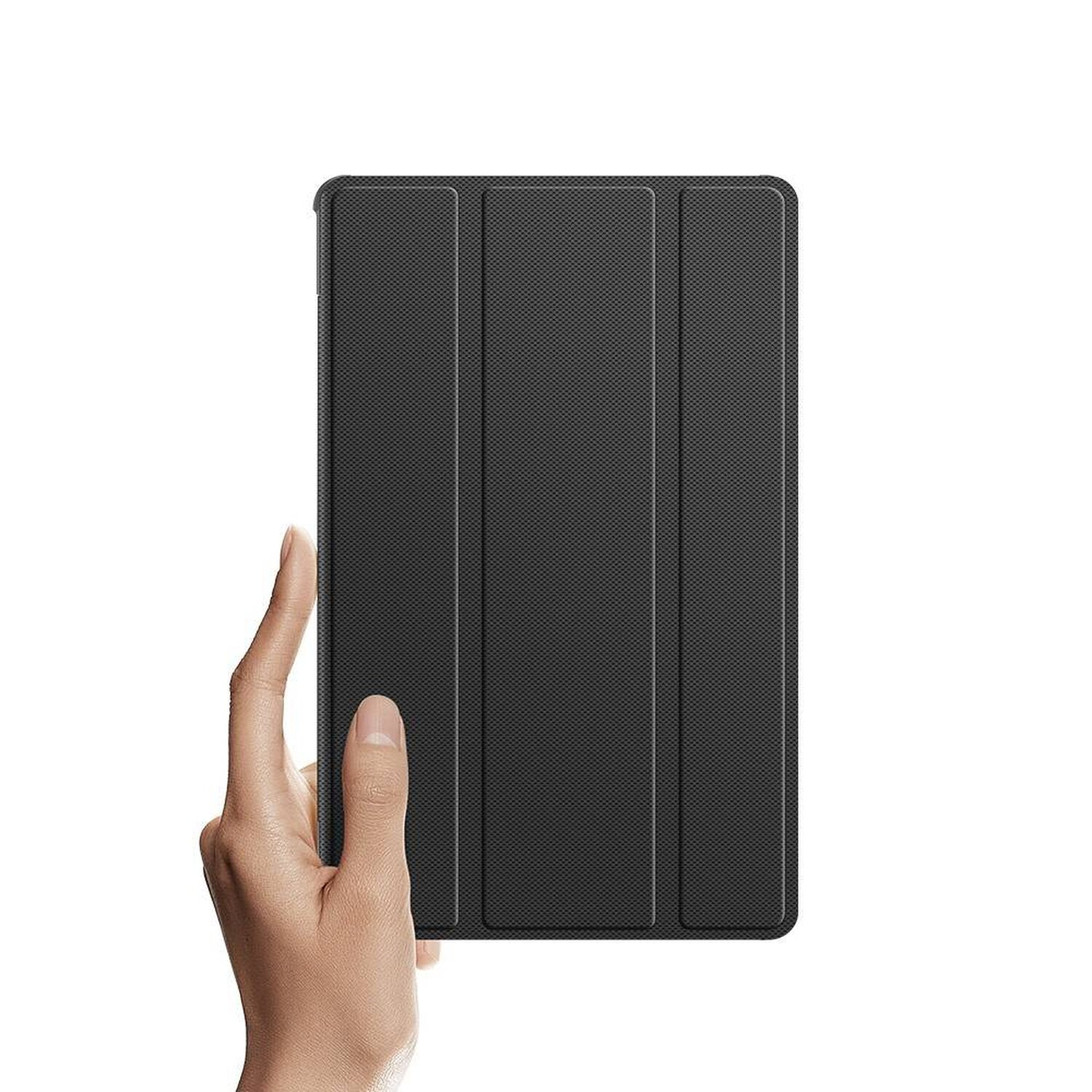 Hand, die eine schwarze Tablet-Hülle auf weißem Hintergrund hält.
