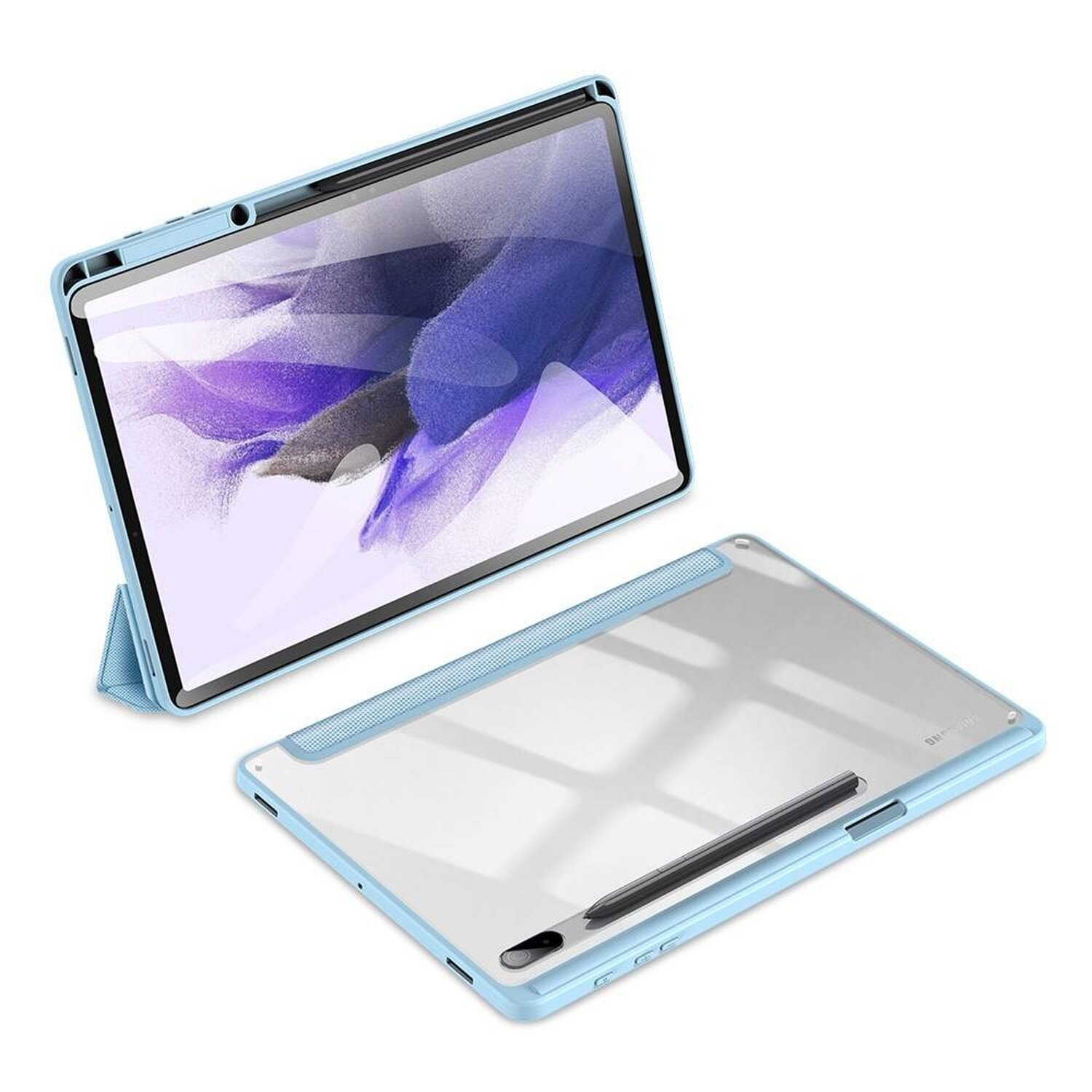 Blaue Hülle für ein Tablet, mit einem Tablet und einem Stift darin.