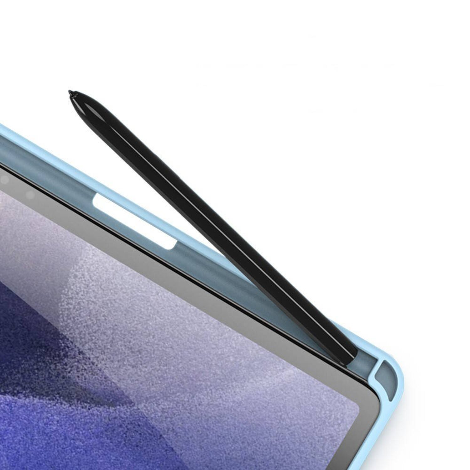 Ein schwarzer Eingabestift auf einer blauen Tablet-Hülle. Weißer Hintergrund.