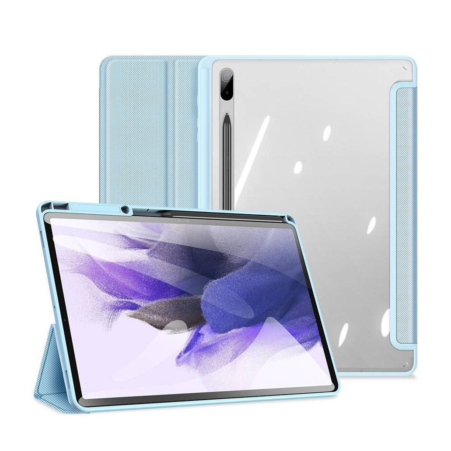 Hellblaues Tablet- und Hüllen-Set, mit Stift und transparentem Rückenteil.