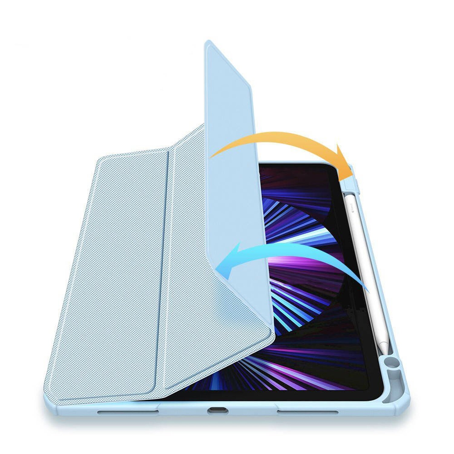 Eine hellblaue iPad-Hülle geöffnet mit einem Pfeil, der die Faltaktion zeigt. Ein weißer Stift ist vorhanden.