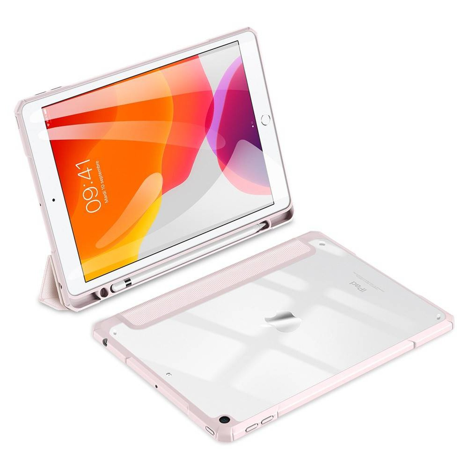 iPad mit rosa Hülle. Die Hülle ist geöffnet und zeigt den Bildschirm. Ein Stift ist befestigt.