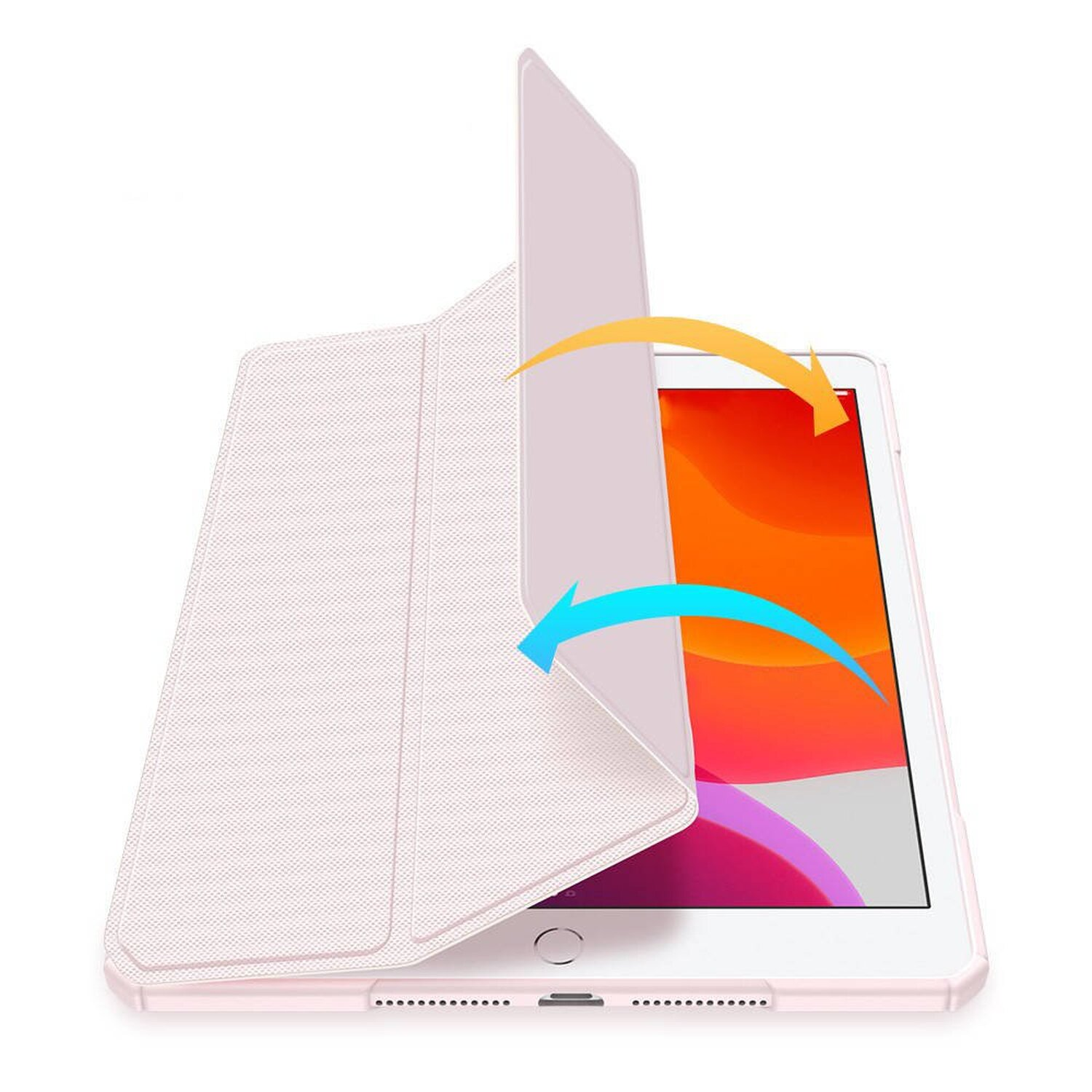 Rosa Tablet mit teilweise geöffneter Hülle, die den Bildschirm zeigt.
