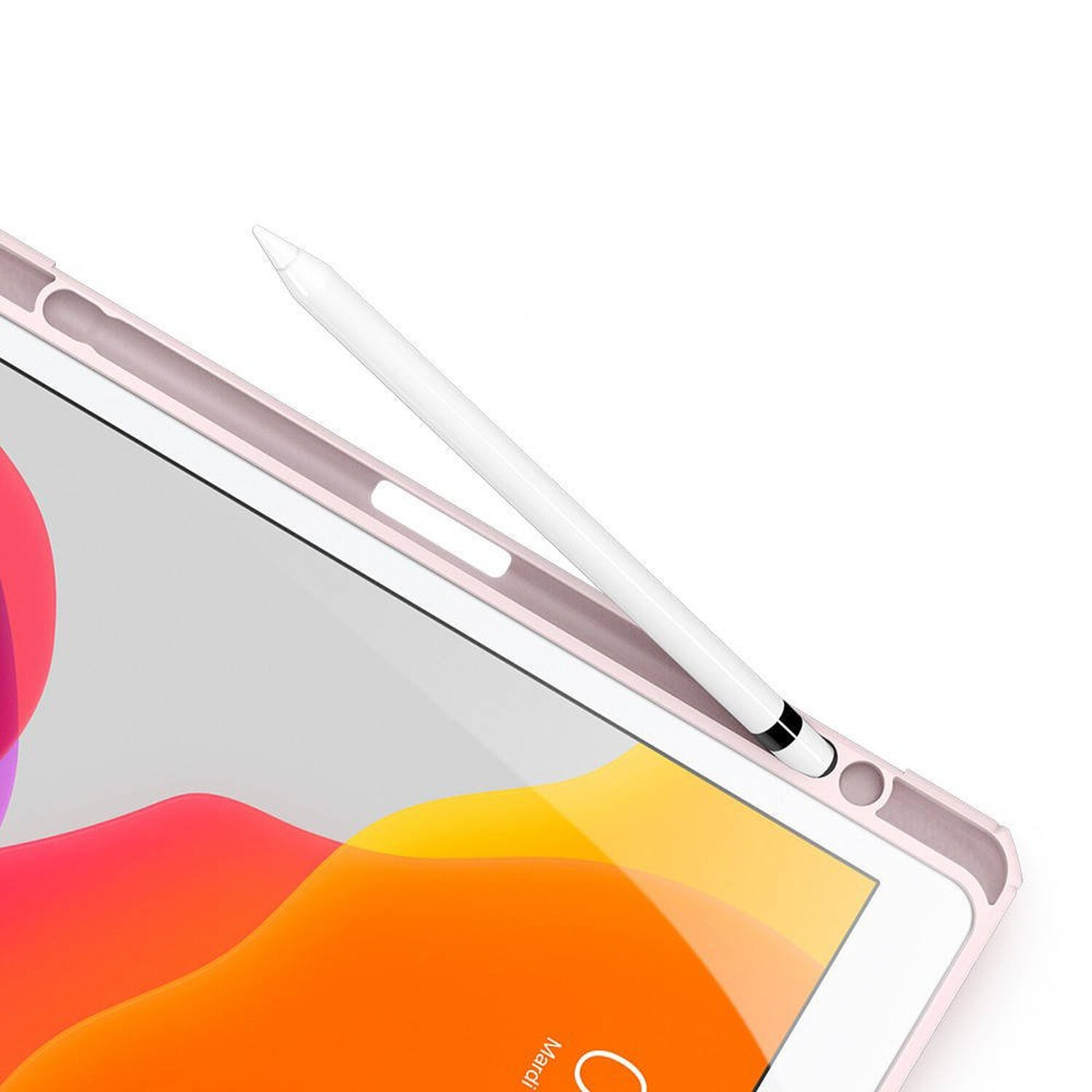 iPad mit pinkfarbener Hülle und weißem Stift. Bildschirm zeigt farbigen Hintergrund.