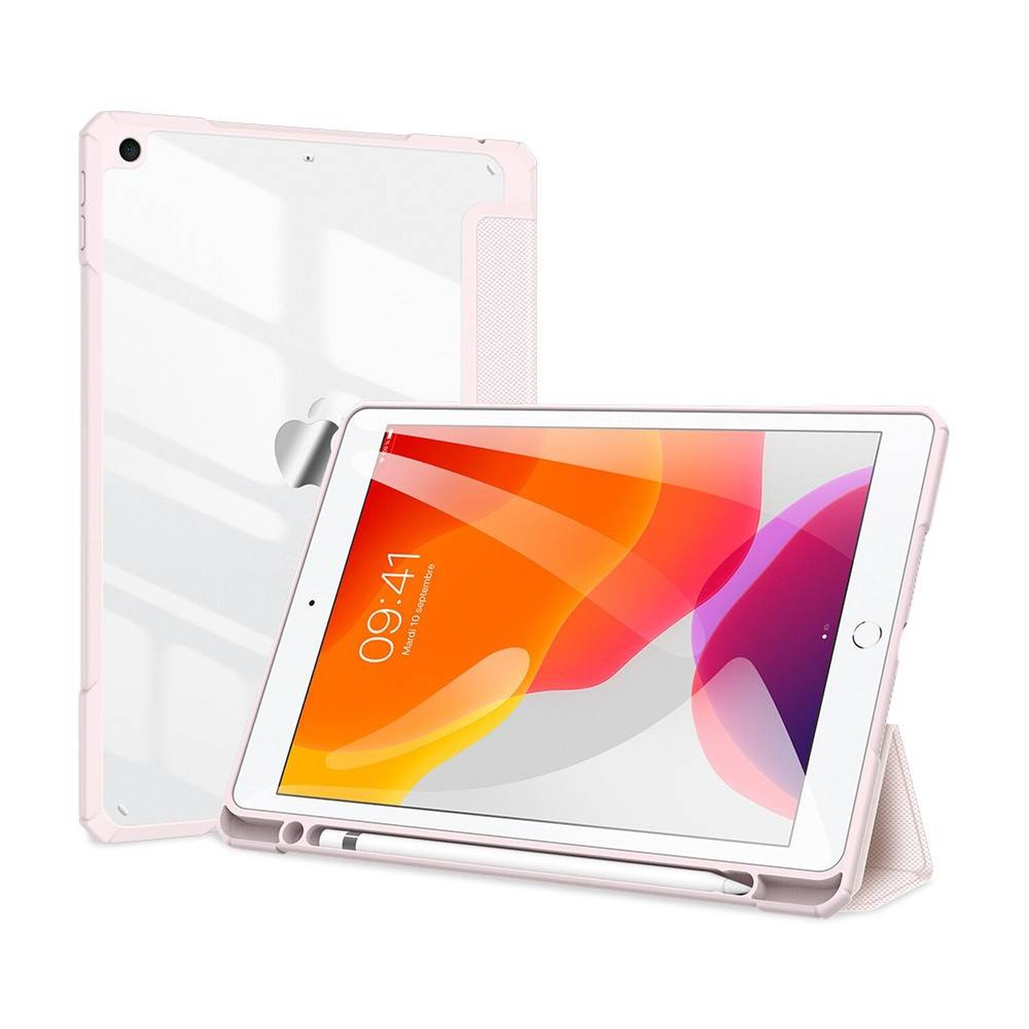Tablet in rosa Hülle, mit sichtbarem Bildschirm, und eine weitere Hülle.