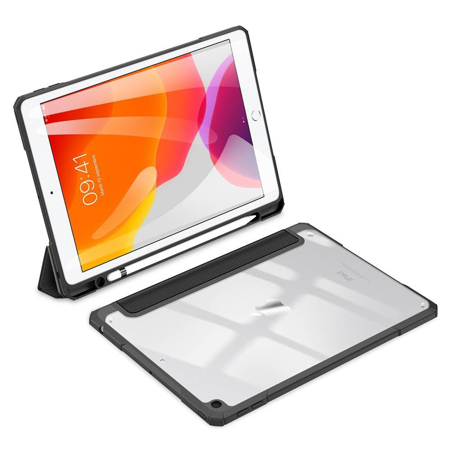 iPad-Hülle mit durchsichtigem Rücken. Die Hülle ist schwarz mit Stift. Das iPad zeigt eine Uhr.