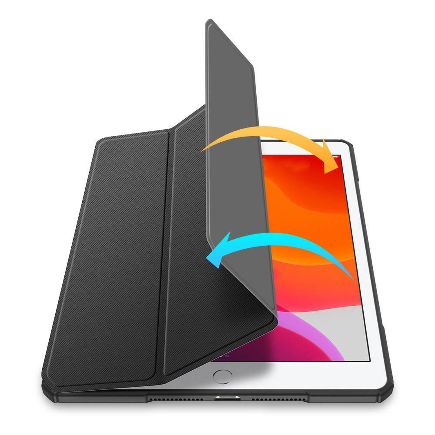 Tablet-Hülle offen. Zeigt das Tablet im Inneren und die Hülle ist schwarz.