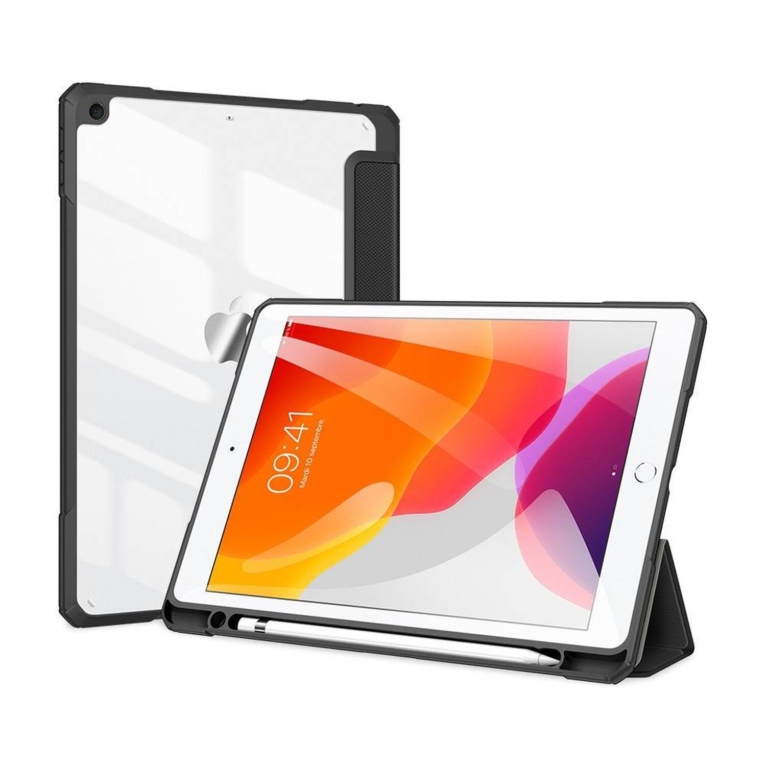 Schwarzes iPad-Case mit einem Tablet darin. Das Case hat eine Standfunktion und einen Stiftschlitz.