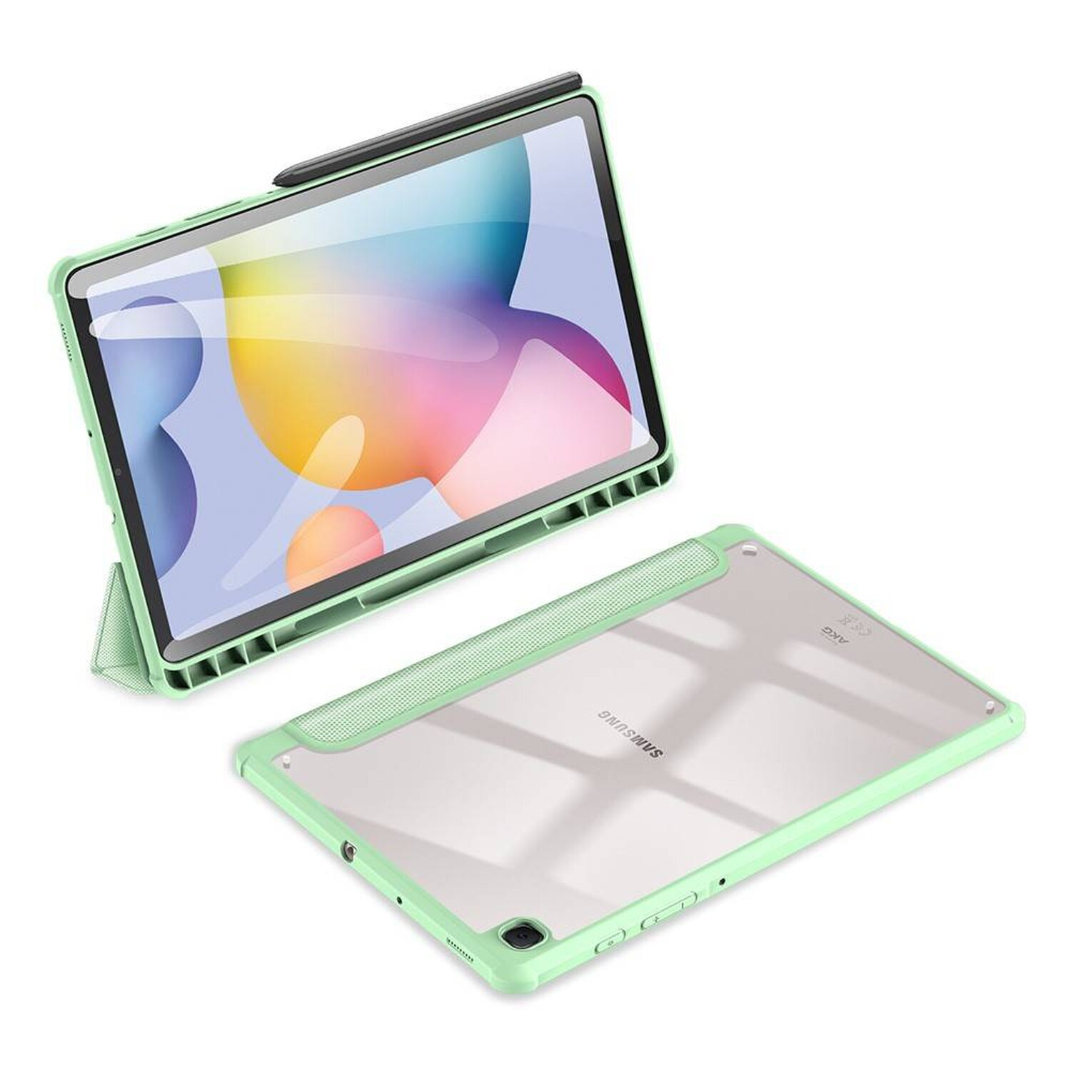Eine Tablet-Hülle, grün, mit einem Tablet und einem Stift. Die Hülle ist geöffnet, abgewinkelt.