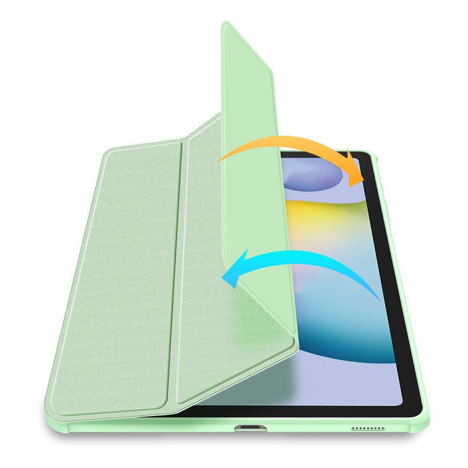 Eine grüne Tablet-Hülle ist geöffnet. Ein blauer Pfeil zeigt das Öffnen, ein oranger das Schließen.