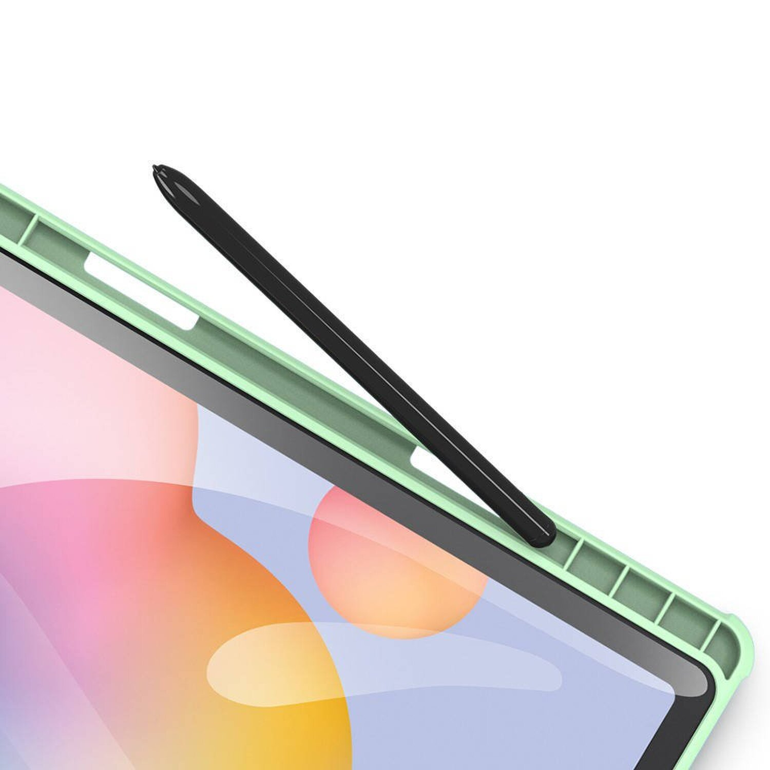 Ein Tablet-Bildschirm mit einem schwarzen Eingabestift oben. Hellgrünes Gehäuse und weißer Hintergrund.