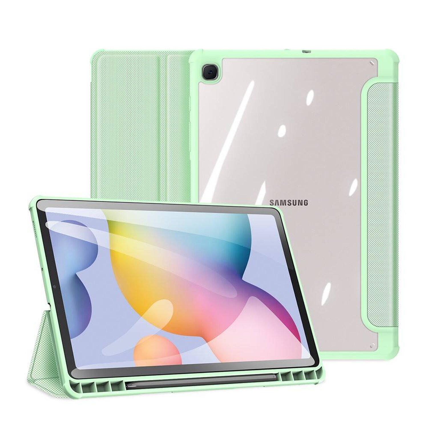 Minzgrüne Tablet-Hülle mit Ständerfunktion. Tablet befindet sich in der Hülle. Rückseite des Tablets sichtbar.