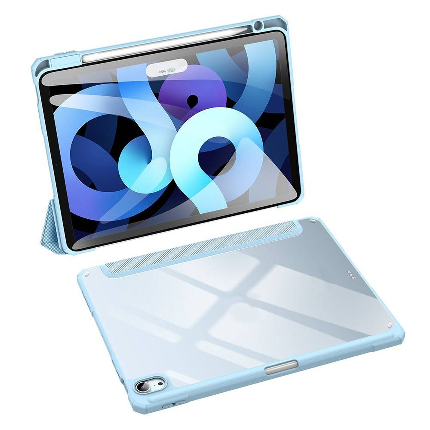 Eine blaue Tablethülle mit einem Tablet und einem Stift.