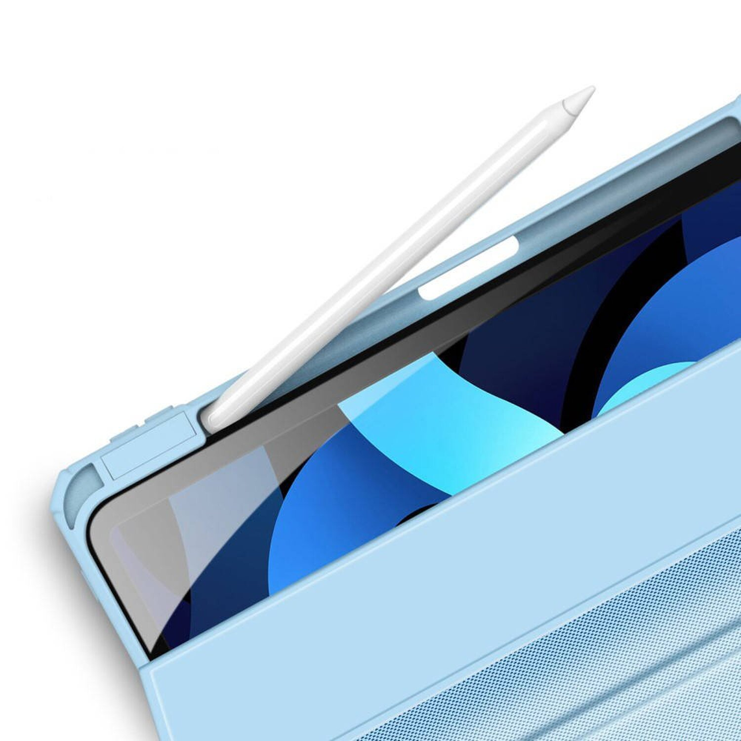 Eine hellblaue Tablet-Hülle mit einem weißen Stift. Das Tablet befindet sich auf weißem Hintergrund.