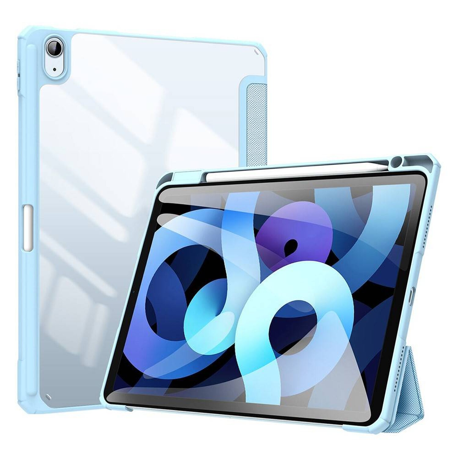 Hellblaues iPad-Case mit durchsichtigem Rücken und Stifthalter.