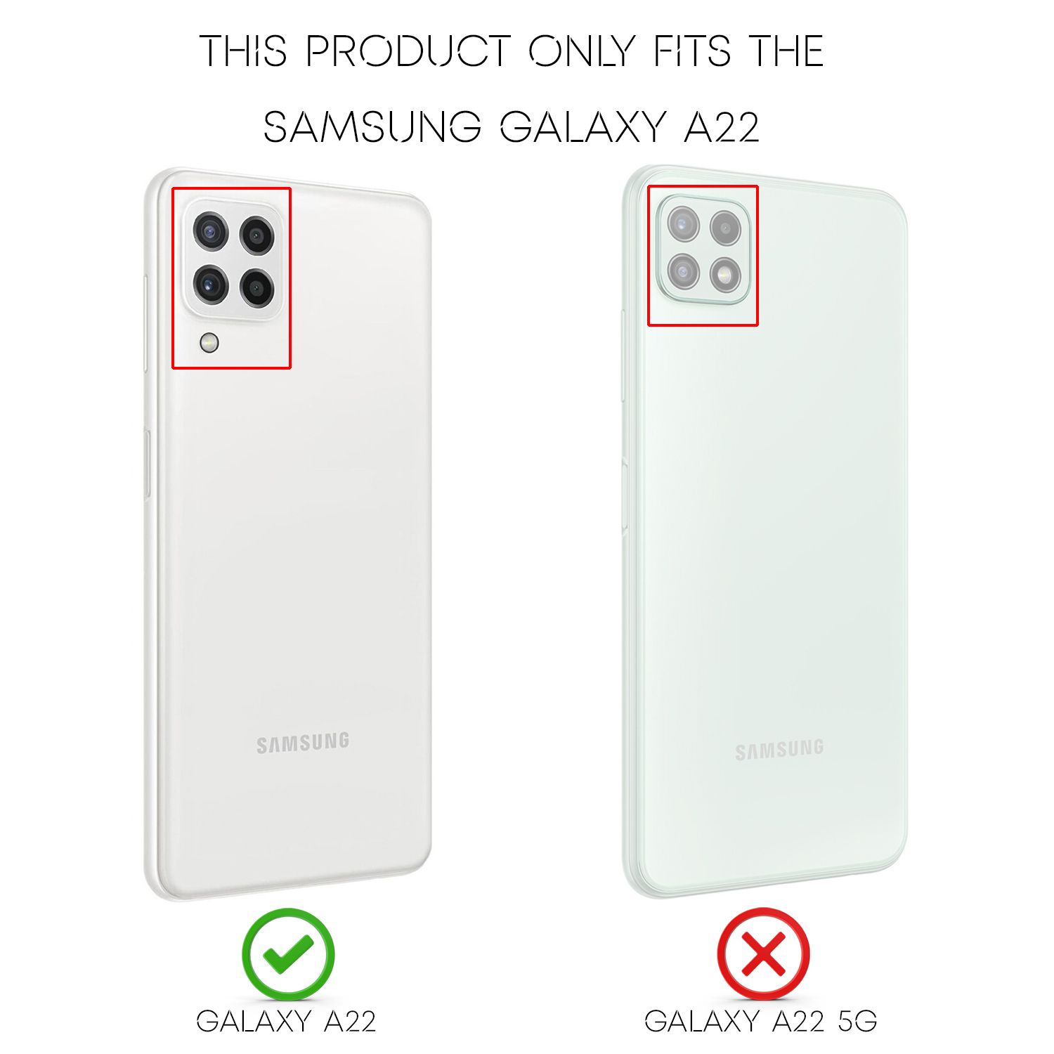 Zwei weiße Telefone, ein Galaxy A22 und ein A22 5G, werden gezeigt. Ein Häkchen und ein X zeigen das richtige Modell an.