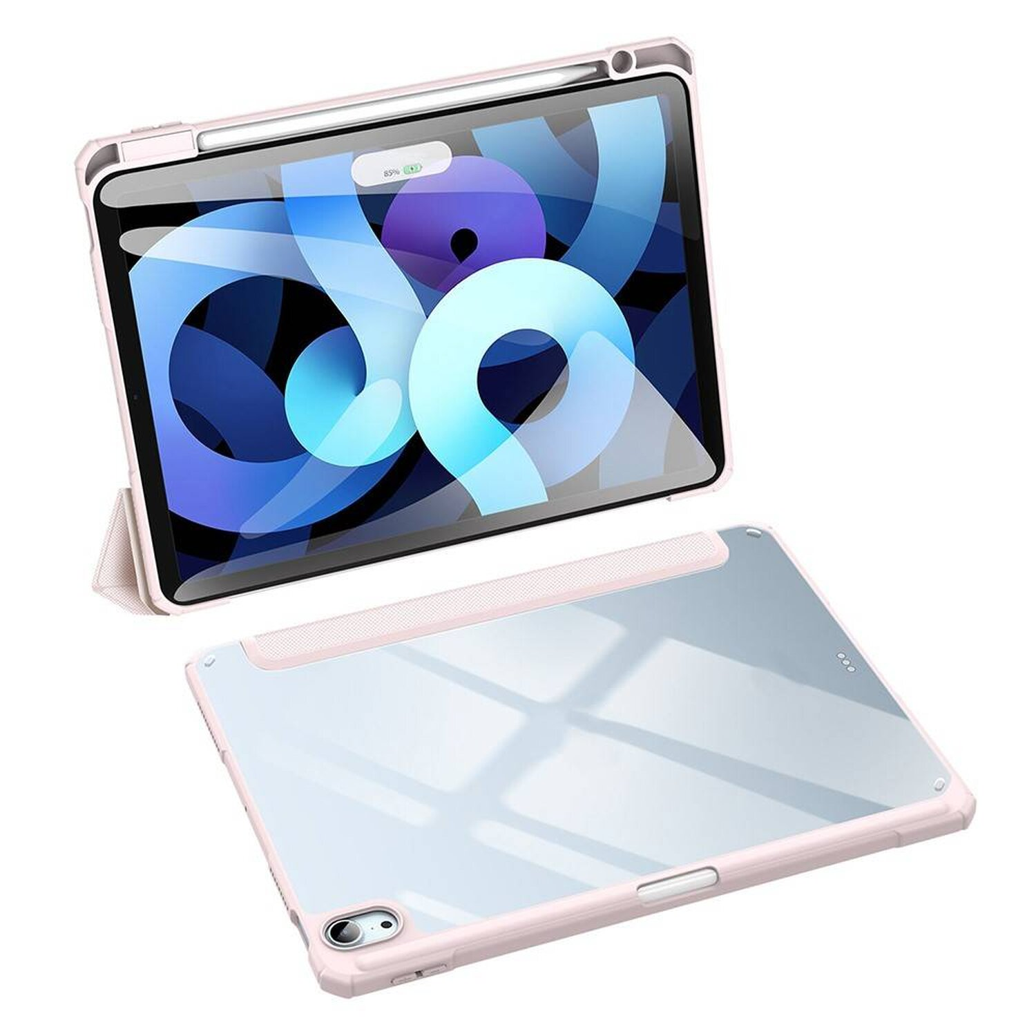 Rosa Tablet-Hülle mit Tablet und Stift. Der untere Teil reflektiert die Hülle.