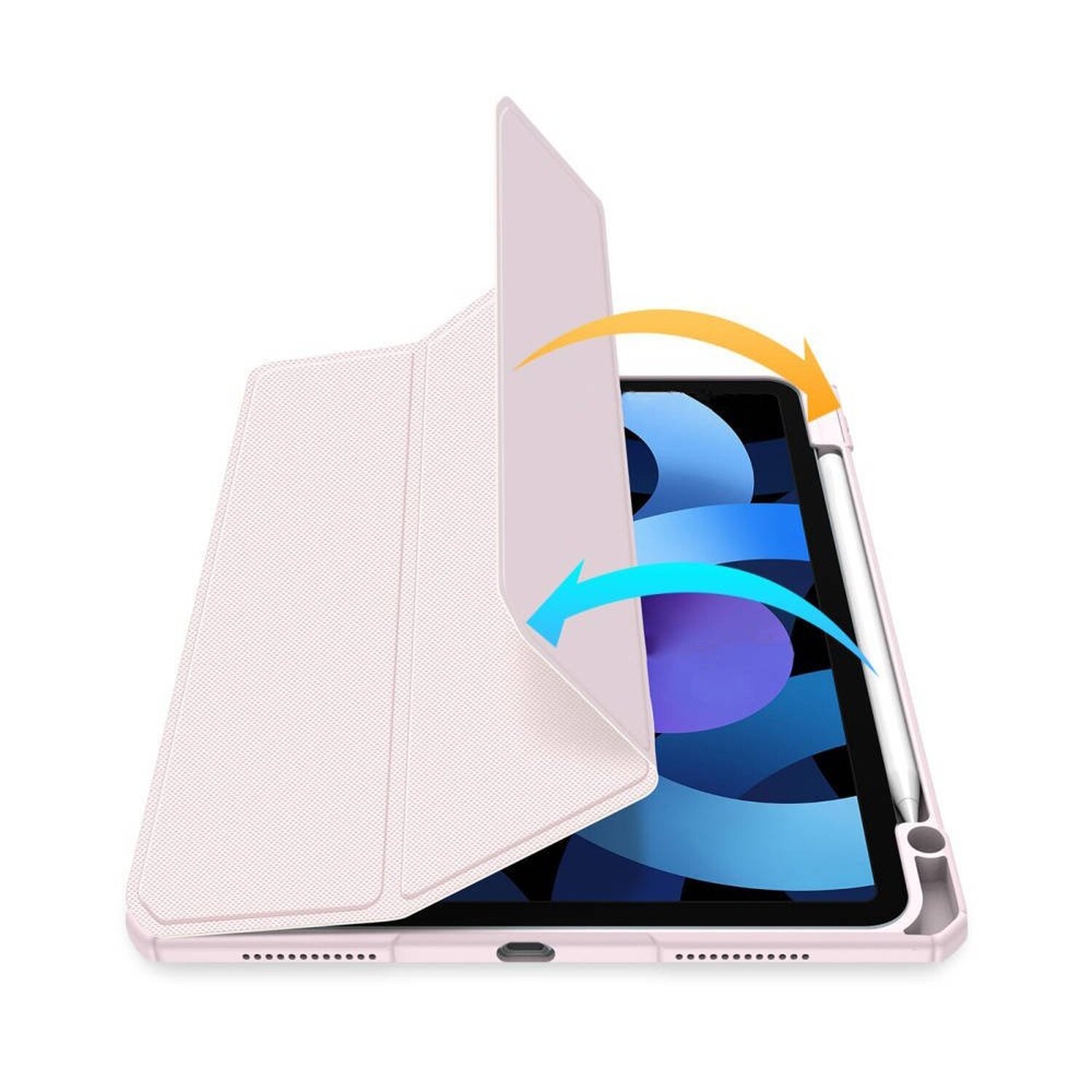 Rosa iPad mit geöffneter Hülle, zeigt den Bildschirm. Blaue und gelbe Pfeile sind sichtbar.