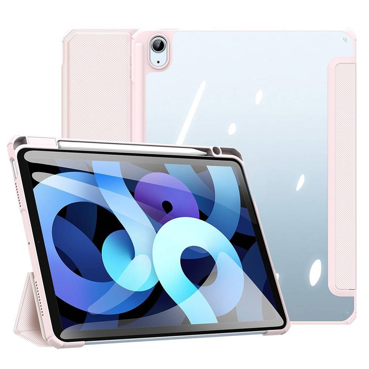 Rosafarbene iPad-Hülle mit Tablet und Stift. Weißer Hintergrund.