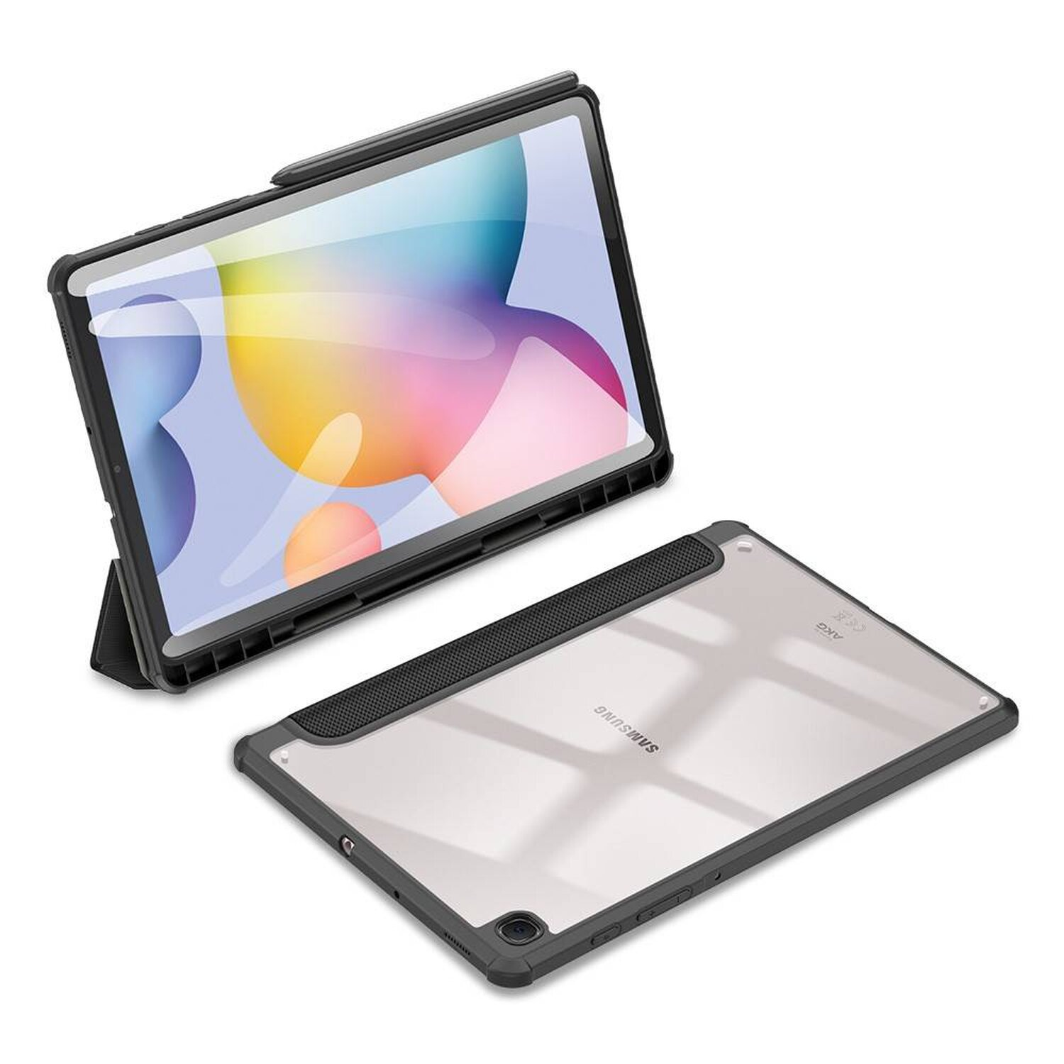 Tablet in schwarzem Gehäuse mit Stift. Zusätzliches Gehäuse unten.