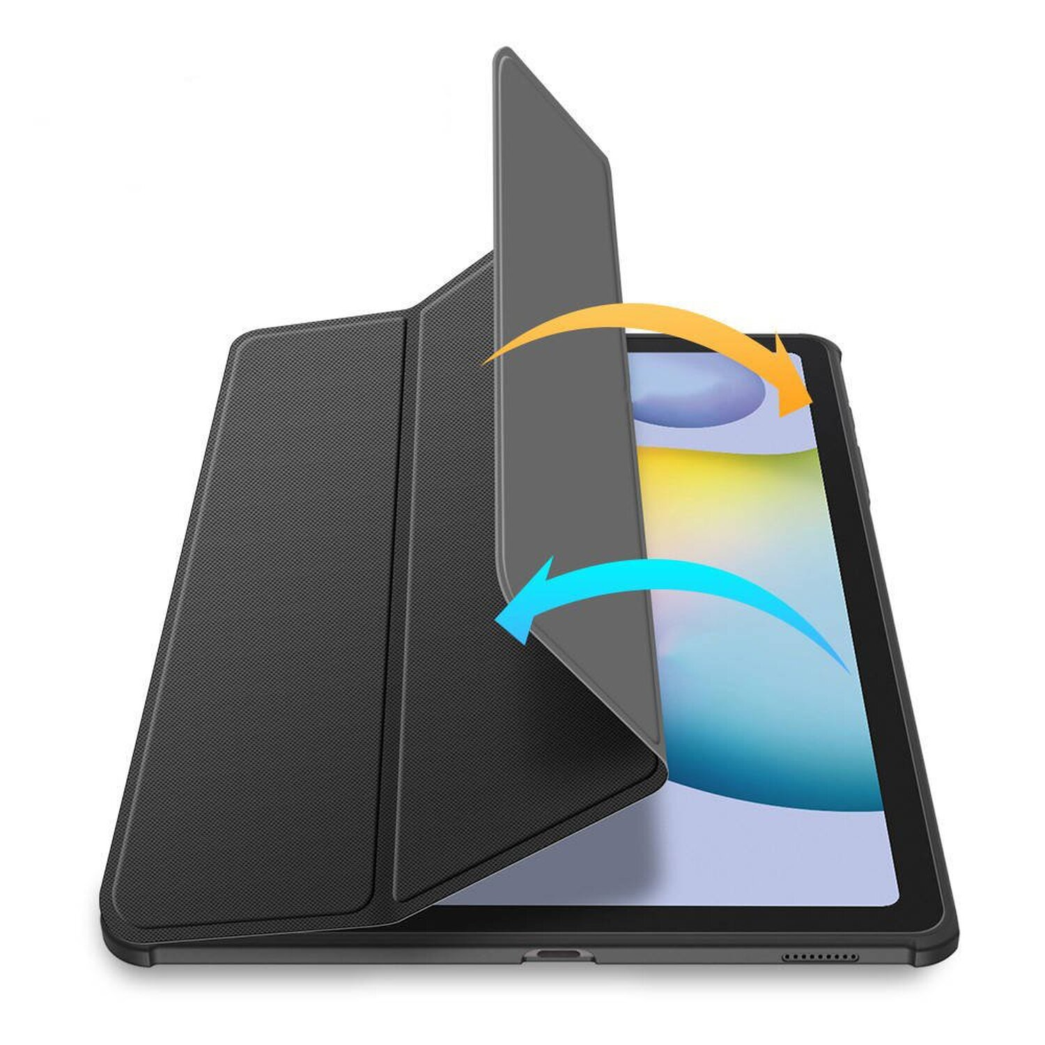 Schwarzes Tablet in Hülle, teilweise geöffnet. Pfeile zeigen, wie sich die Abdeckung öffnet.