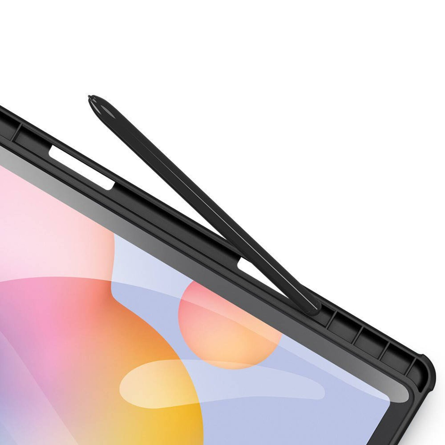 Schwarzer Stift zeigt auf Tablet-Bildschirm. Nahaufnahme der Stiftspitze.