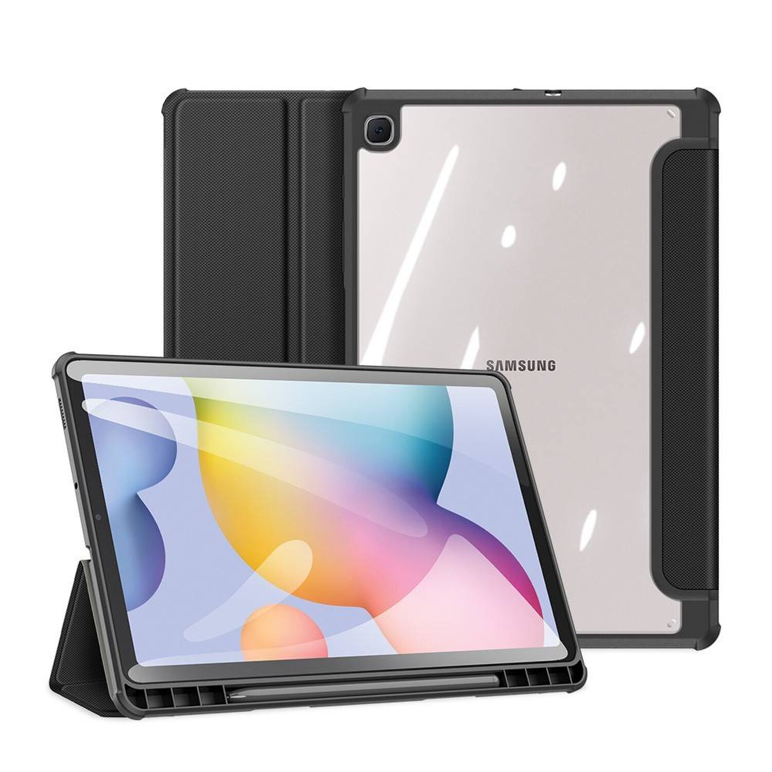 Schwarzes Tablet in schwarzer Hülle mit Stift. Die Rückseite des Tablets wird ebenfalls gezeigt.