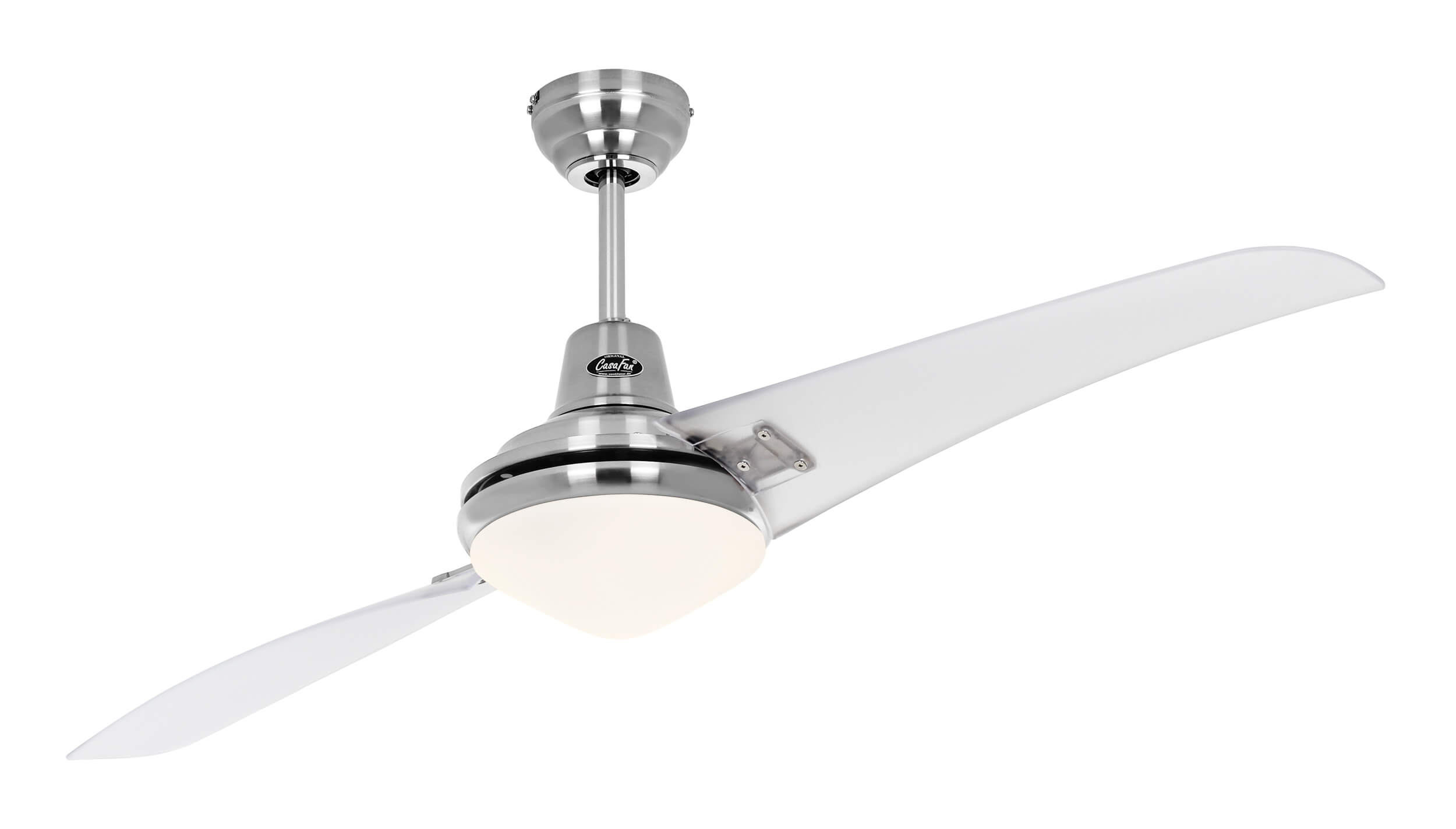 Ventilatore da soffitto con due pale trasparenti e una luce. Isolato su sfondo bianco.