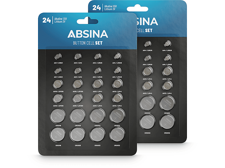 ABSINA 48er Pack Alkaline & Lithium Knopfzellen AG1 AG3 AG4 AG10 AG13 CR2016 CR2025 CR2032 Knopfzelle, Alkaline & Lithium