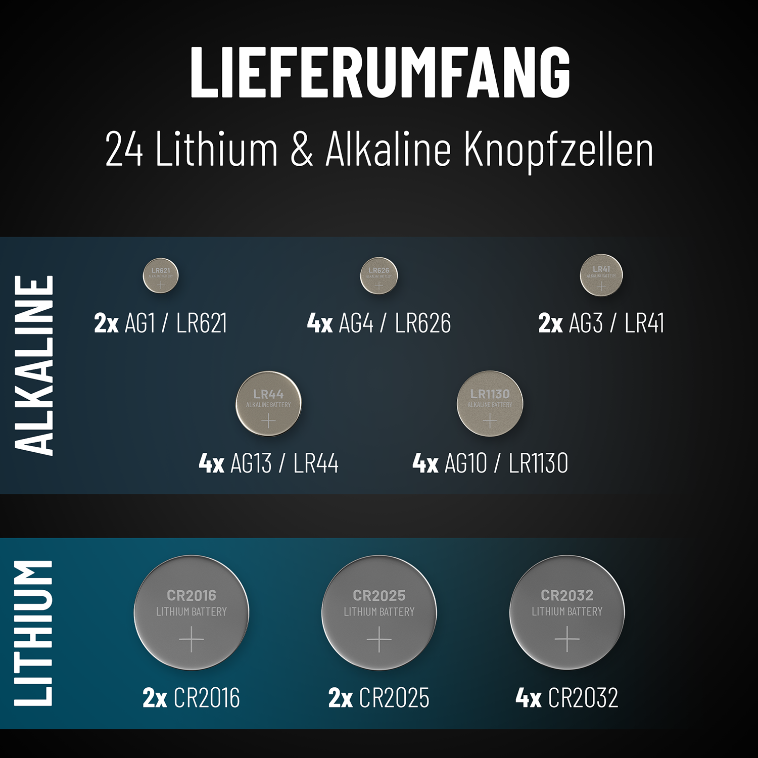 Lithium AG1 AG13 Alkaline & CR2016 Lithium AG10 CR2032 Knopfzelle, 48er & ABSINA Alkaline Knopfzellen Pack AG3 AG4 CR2025