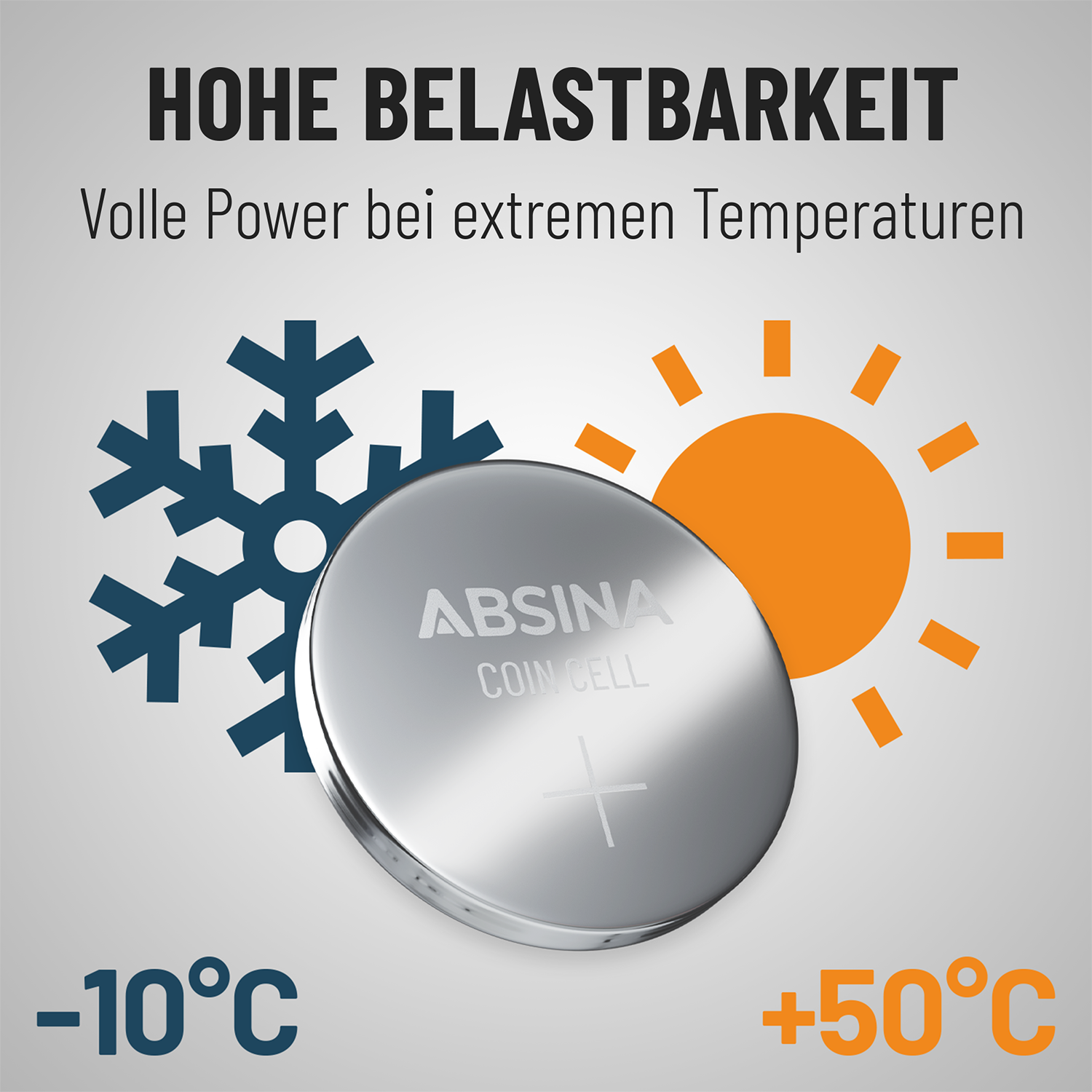 Eine Knopfbatterie mit Text, Schneeflocken- und Sonnensymbolen und Temperaturskalen.