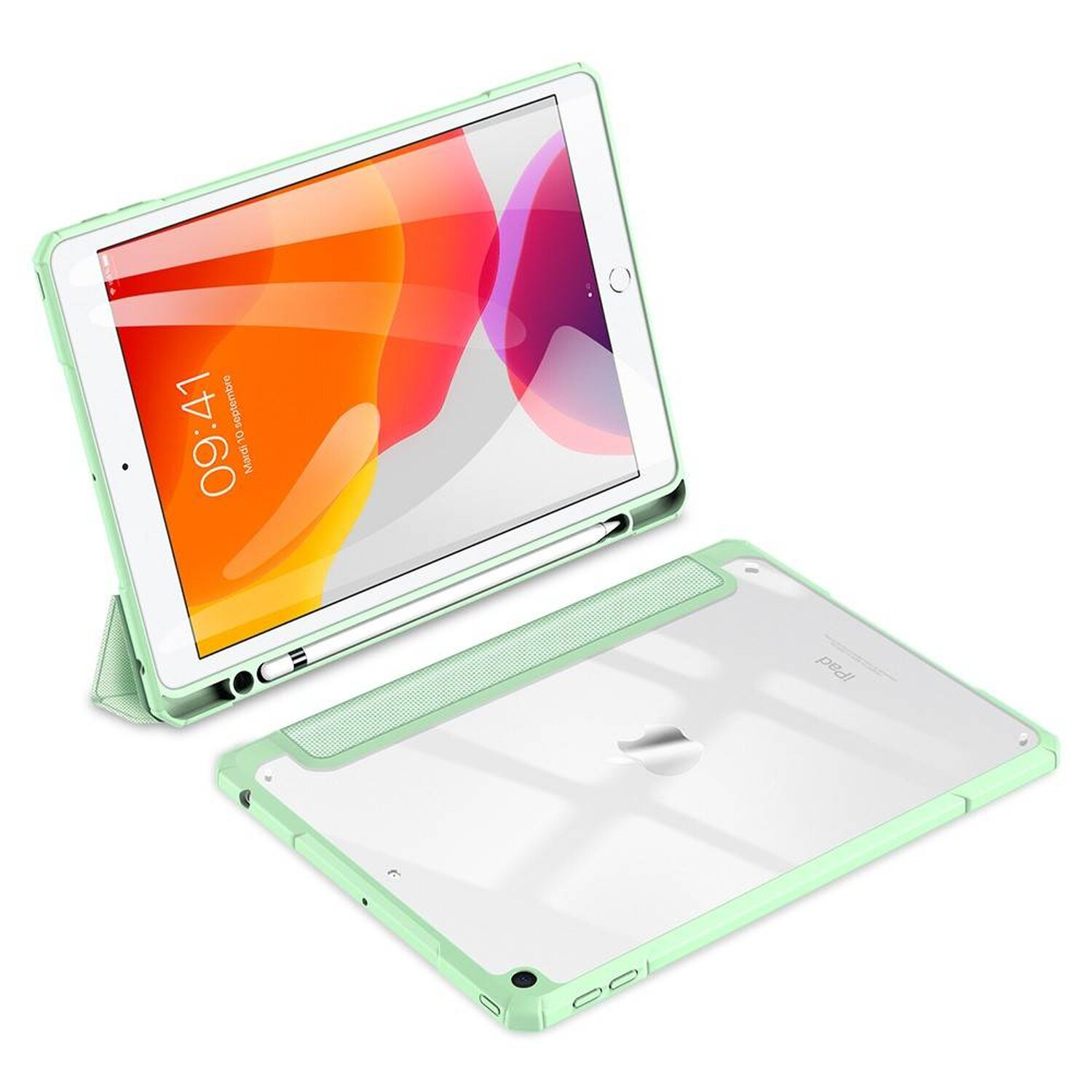 Ein grünes iPad mit Hülle wird in zwei Ansichten gezeigt. Der Bildschirm zeigt eine digitale Oberfläche.