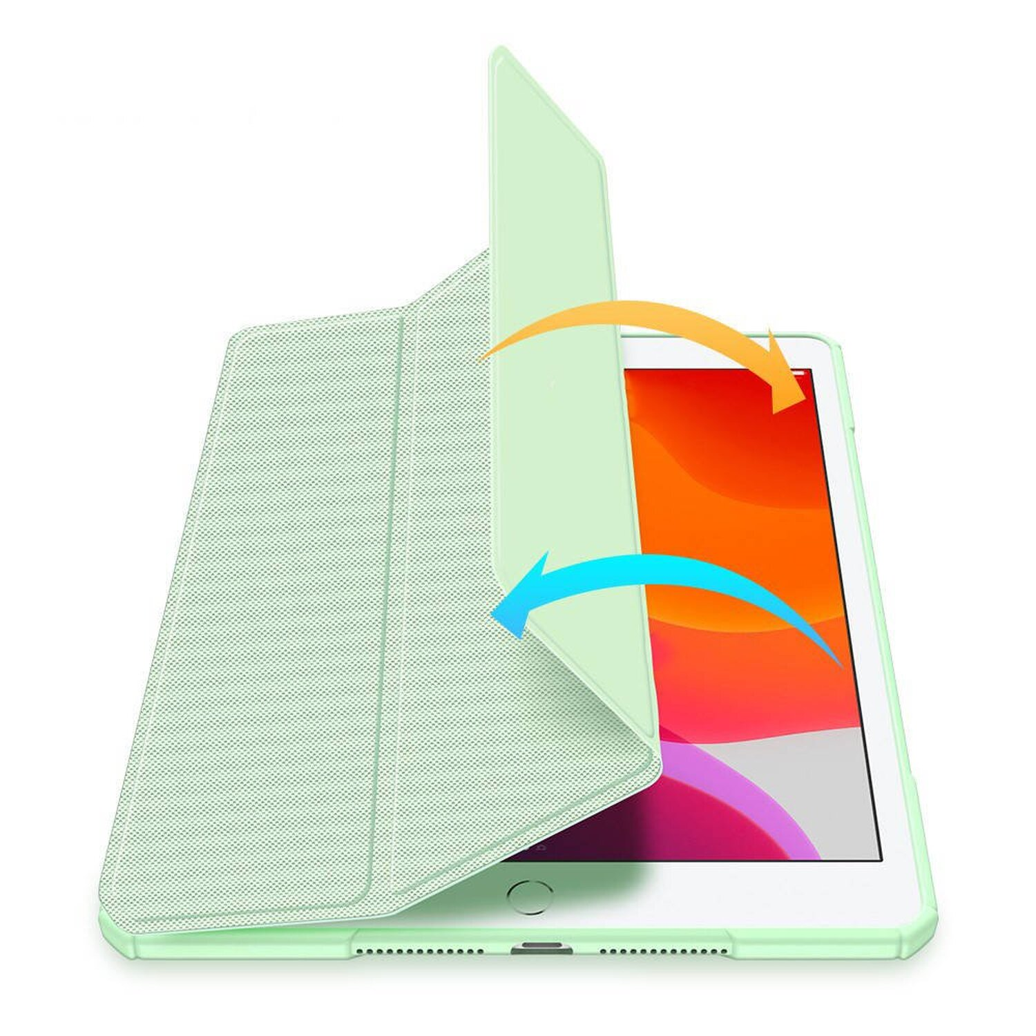 Geöffnete grüne Tablethülle. Hellgrüne Hülle und Tablet. Pfeile zeigen, wie sich die Hülle öffnet.