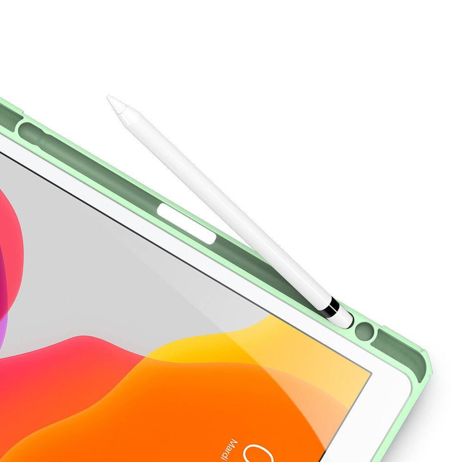 Tablet-Hülle mit grüner Einfassung. Ein weißer Stift liegt neben dem Tablet.