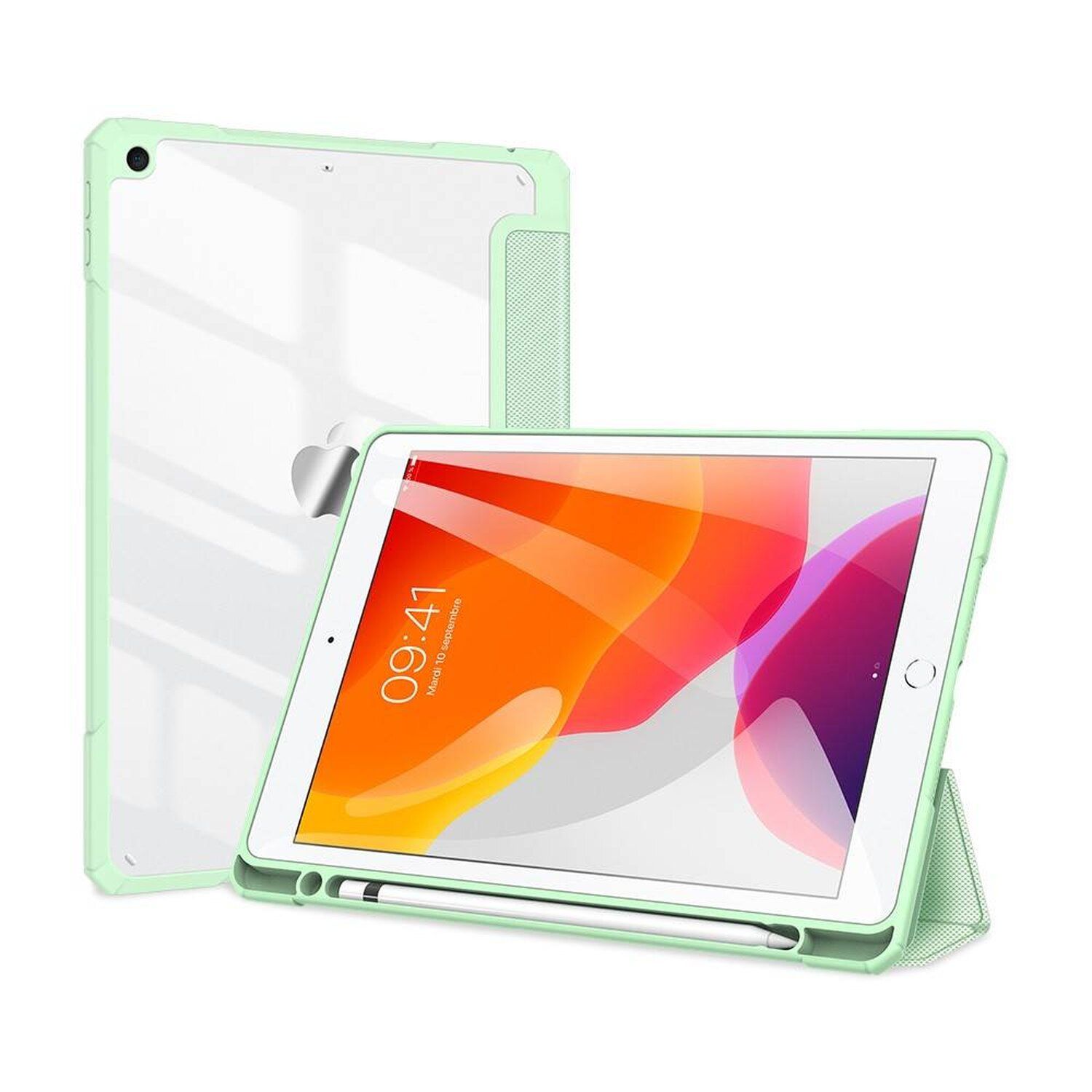 Mintgrüne Tablethülle mit einem Tablet darin. Die Hülle ist offen und hat eine Stifthalterung.