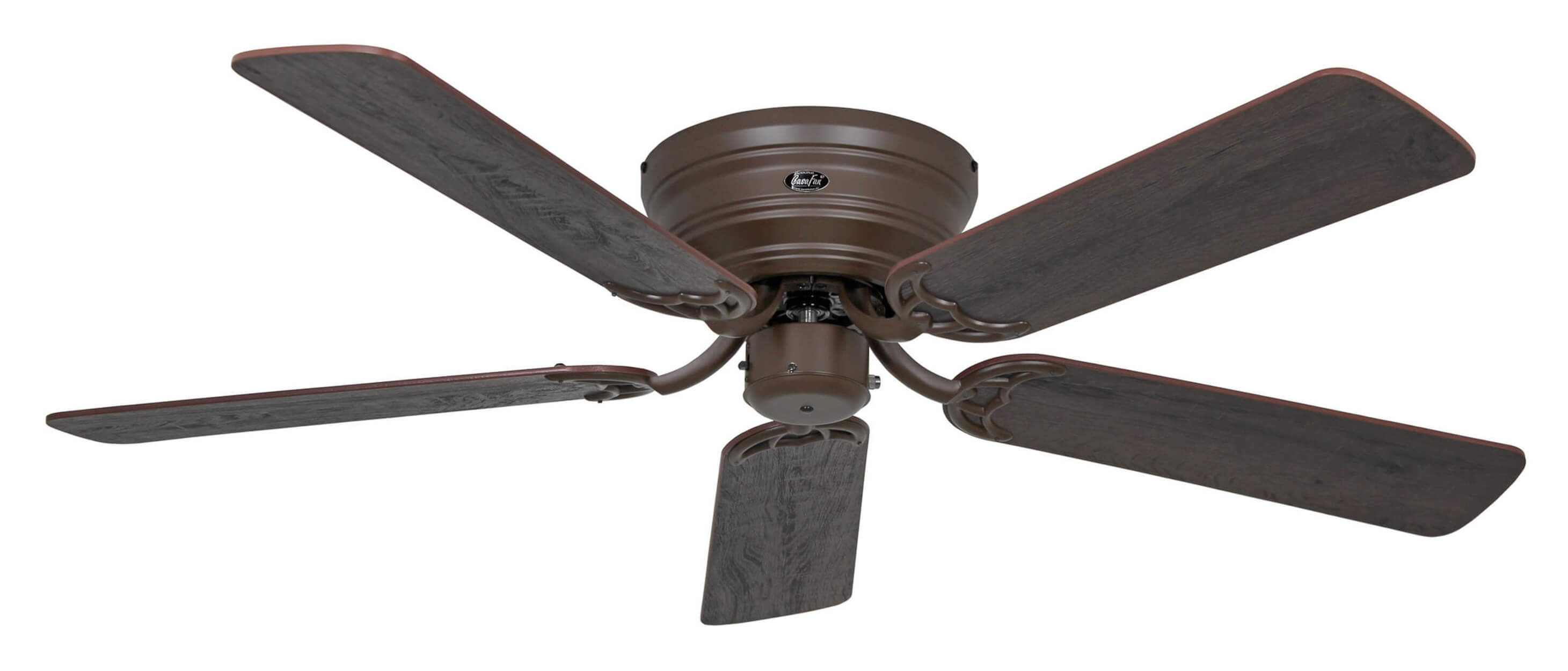 Ventilatore da soffitto marrone con cinque pale, su sfondo bianco.