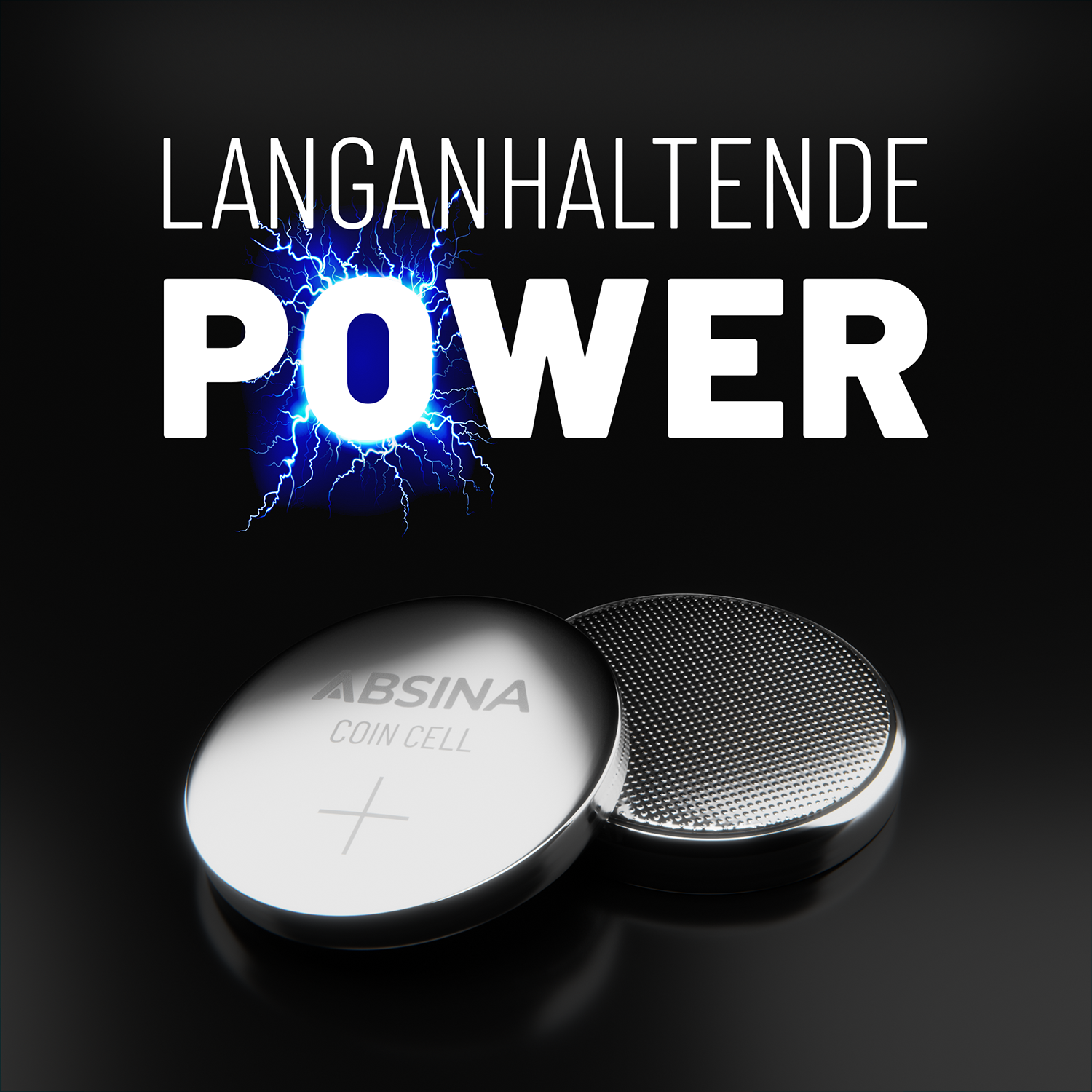 Knopfzelle mit Text 'LANGANHALTENDE POWER' und zwei Batterien, schwarzer Hintergrund.