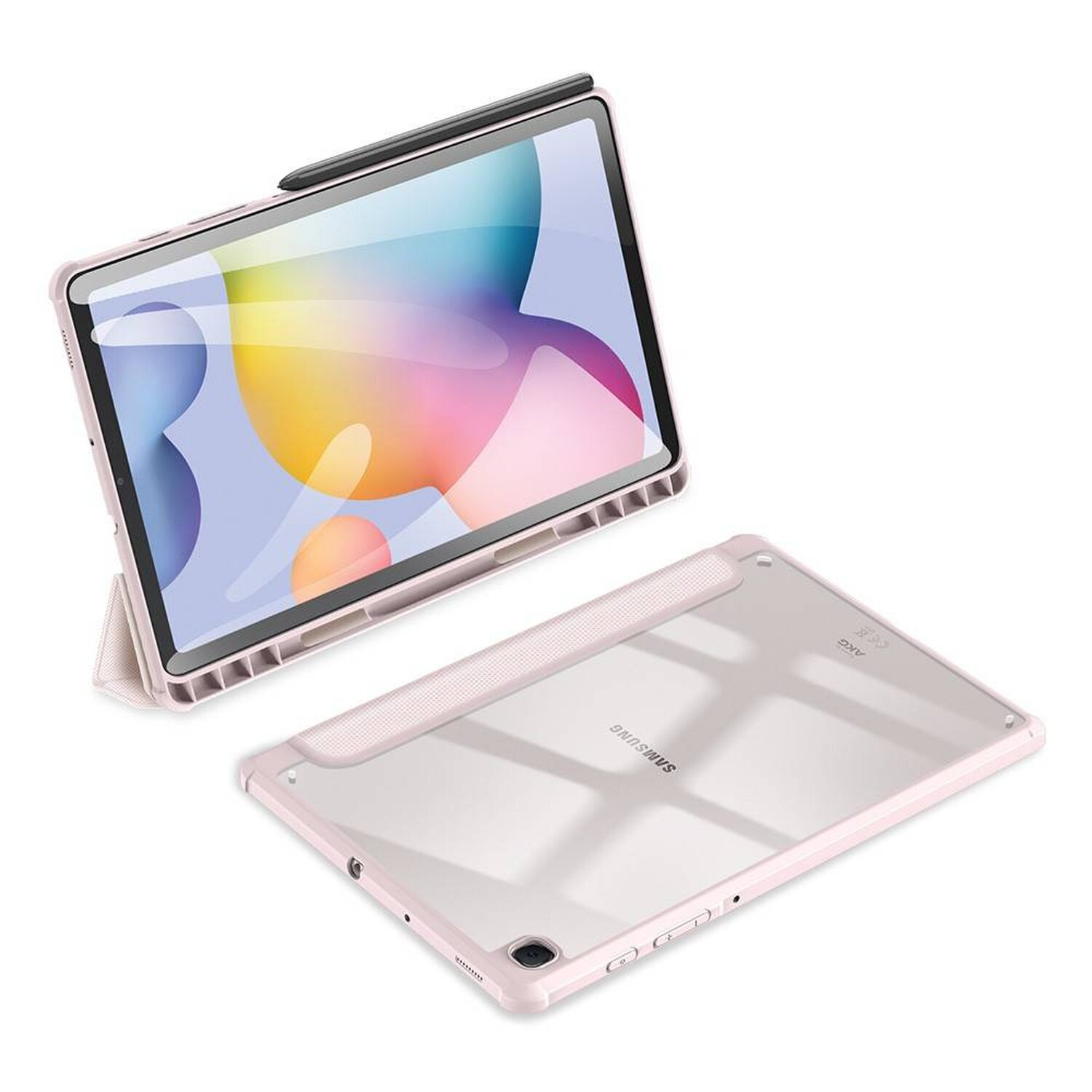 Rosa Tablet mit Hülle und Stift. Klare Hülle auf weißem Hintergrund.