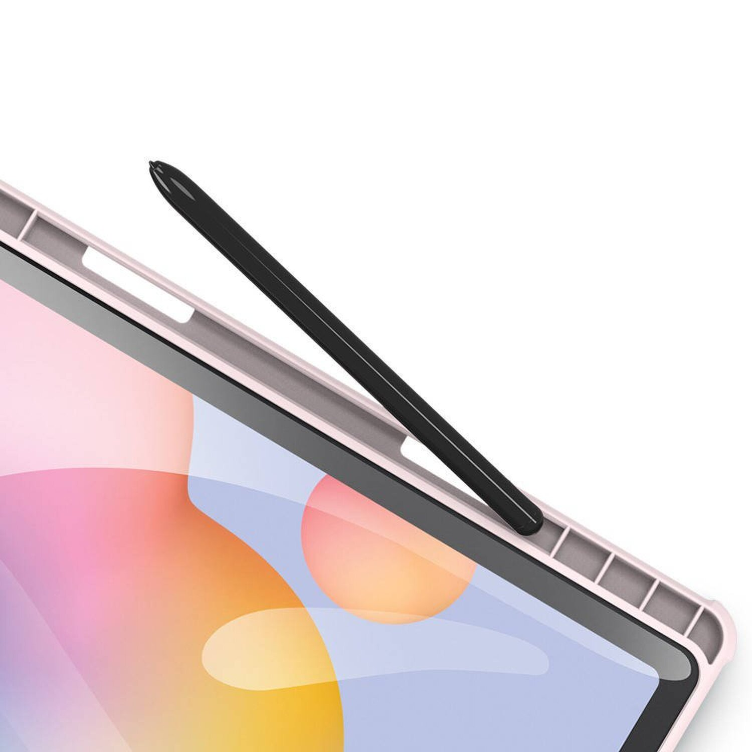 Tablet mit schwarzem Stift, hellrosa Hülle, weißer Hintergrund.